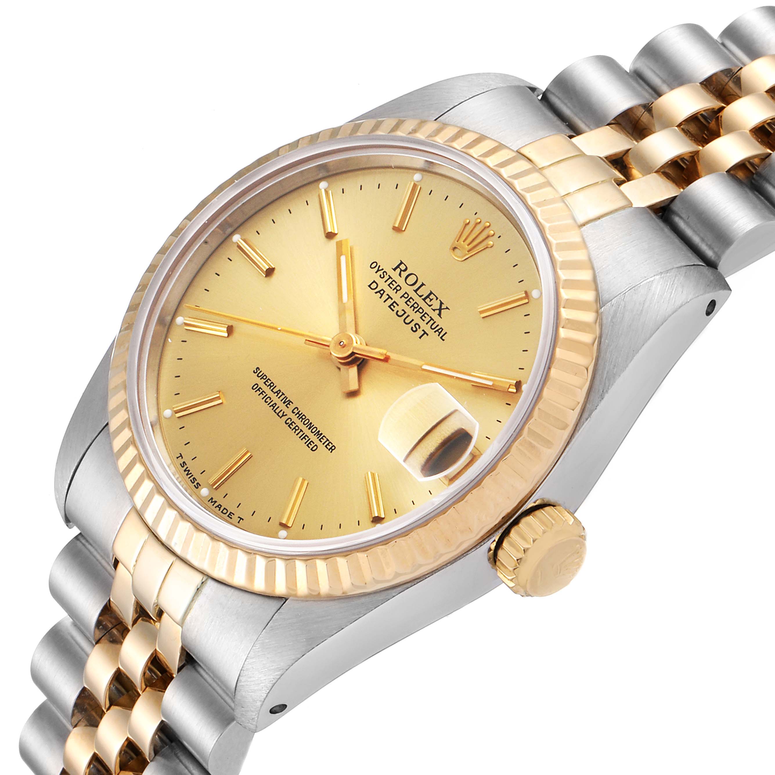 The image shows a top-side angle of a Rolex Mid-Size 68273 Women's Steel and Gold (two tone) Champagne Dial 68273 Women's Steel and Gold (two tone) Champagne Dial Oyster Perpetual Datejust, highlighting the dial, bezel, crown, and bracelet.