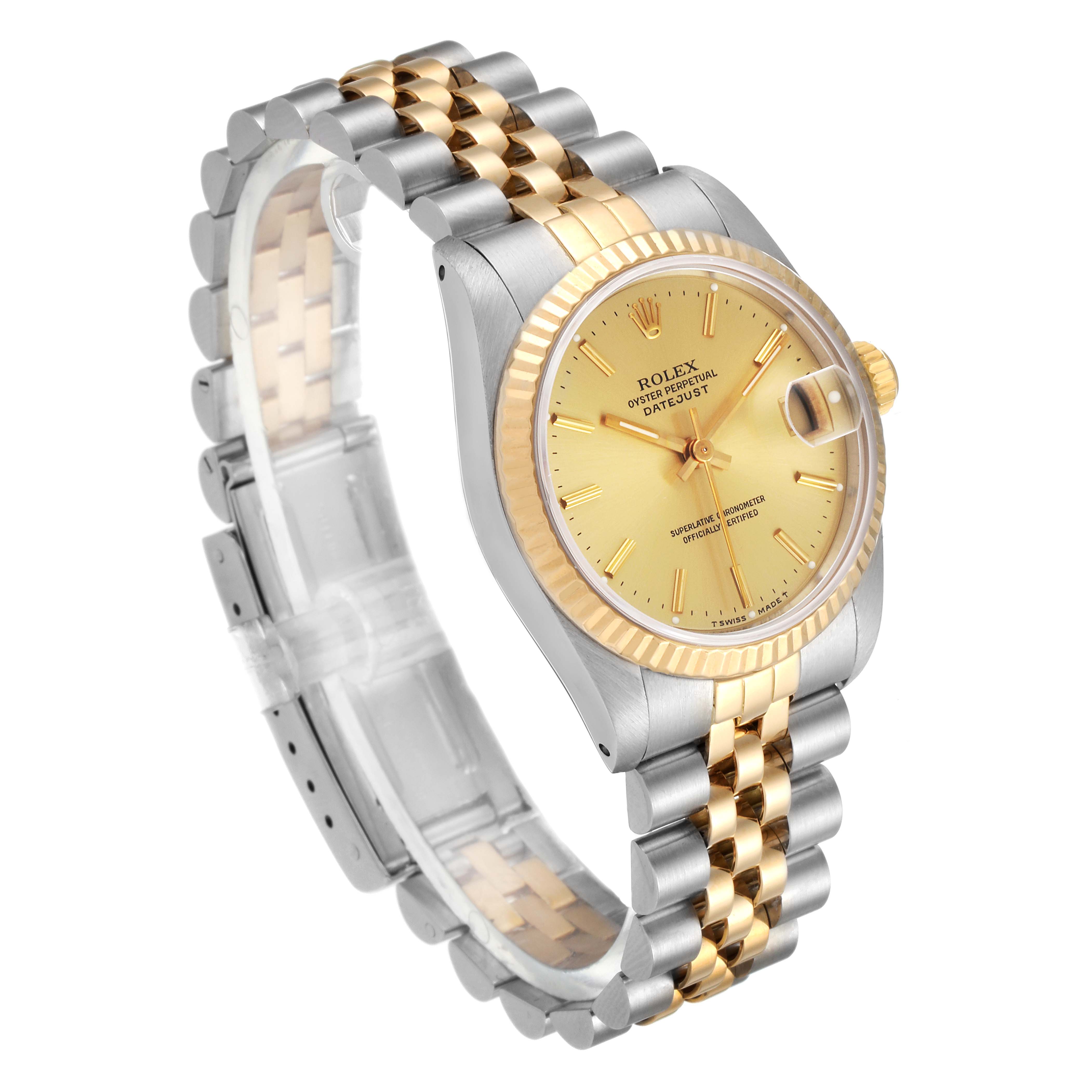This Rolex Mid-Size 68273 Women's Steel and Gold (two tone) Champagne Dial 68273 Women's Steel and Gold (two tone) Champagne Dial watch is shown from a three-quarter angle, highlighting the gold dial, two-tone bracelet, and fluted bezel.