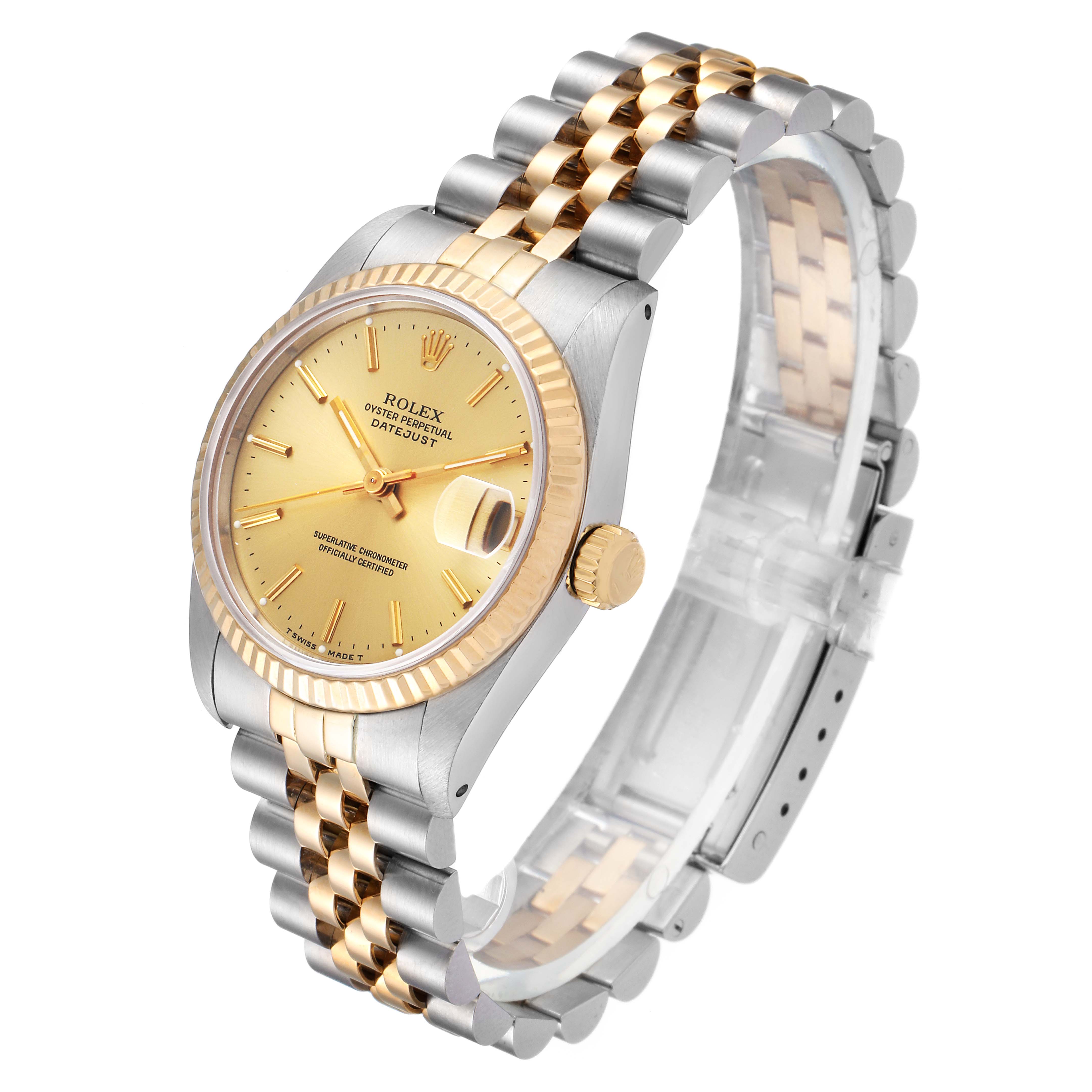 This image shows a Rolex Mid-Size 68273 Women's Steel and Gold (two tone) Champagne Dial 68273 Women's Steel and Gold (two tone) Champagne Dial model from an angled view, displaying the dial, fluted bezel, bracelet, and crown.