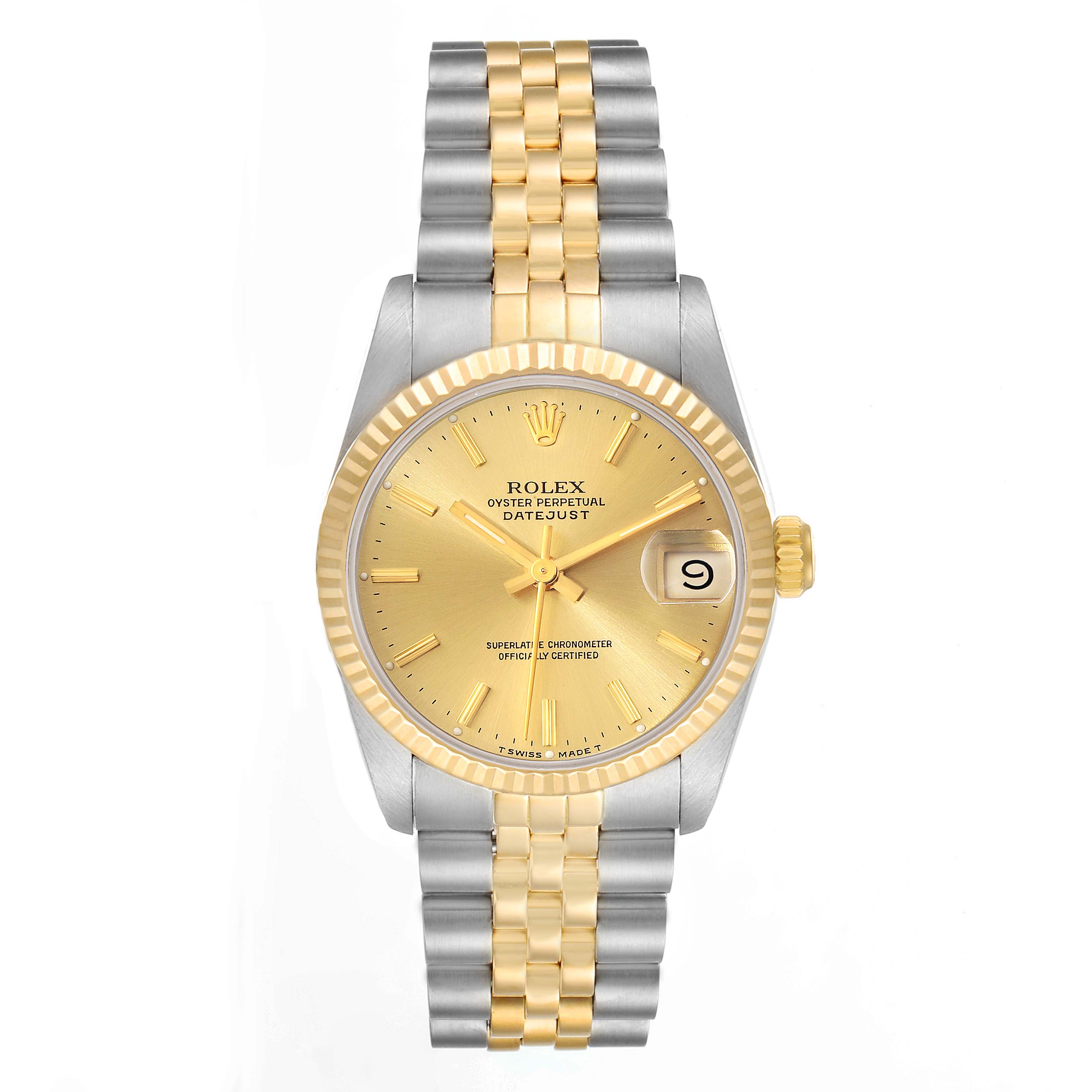 The image shows a front view of a Rolex Datejust Mid-Size watch with a gold and silver bracelet and a date window.