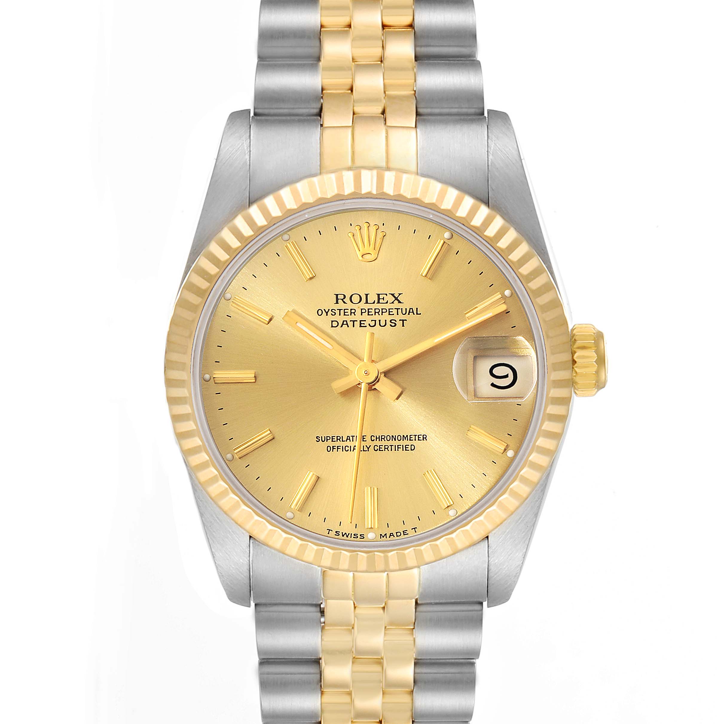 The image shows a front view of a Rolex Datejust Mid-Size watch featuring a two-tone band and gold dial.