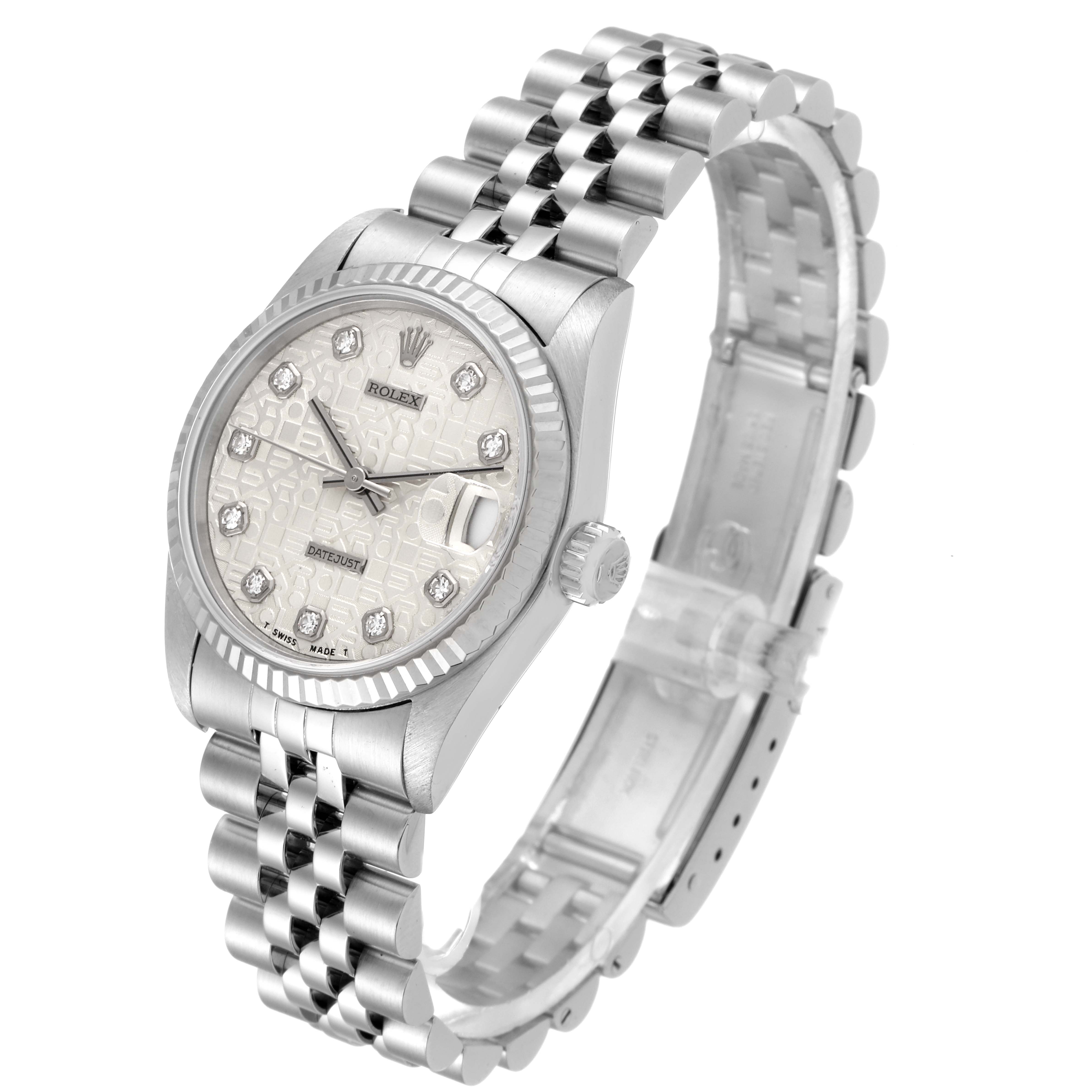The image shows a Mid-Size Rolex watch featuring the dial, bezel, crown, bracelet, and clasp from a front-left angle.