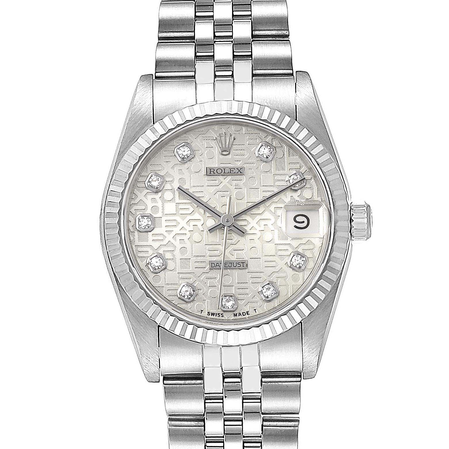 The image shows a front view of a Mid-Size Rolex watch, featuring a silver dial with diamond hour markers and a date window.