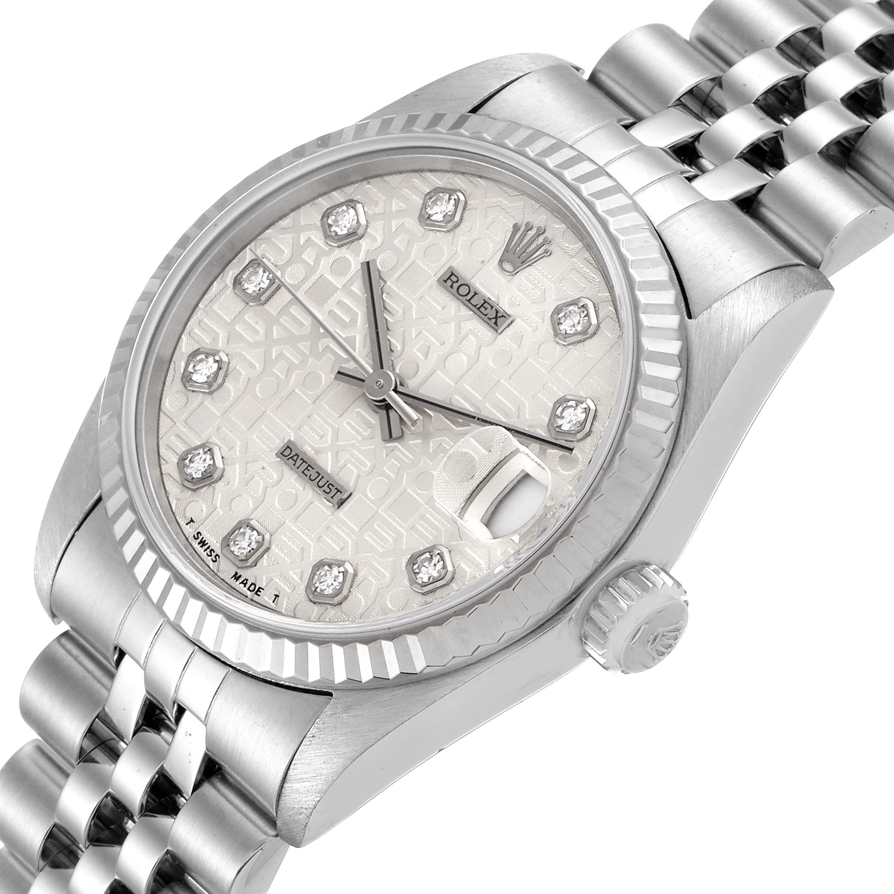This image shows a close-up angled view of the Rolex Mid-Size 68274 Women's Stainless Steel Silver Dial 68274 Women's Stainless Steel Silver Dial Datejust watch, highlighting its face, bezel, crown, and bracelet.