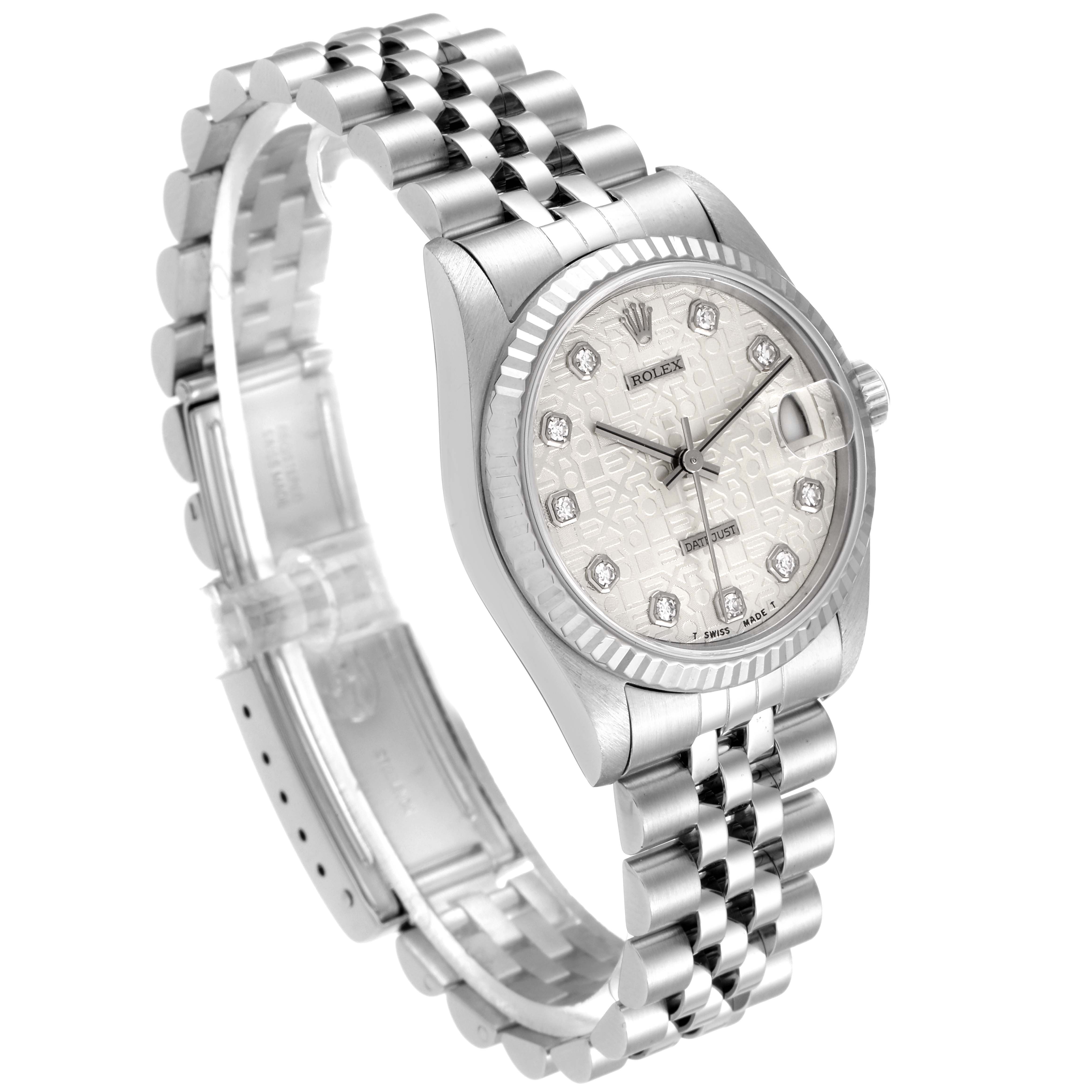 This image shows the Rolex Mid-Size 68274 Women's Stainless Steel Silver Dial 68274 Women's Stainless Steel Silver Dial model watch at an angled front view, highlighting its face, bezel, and bracelet.