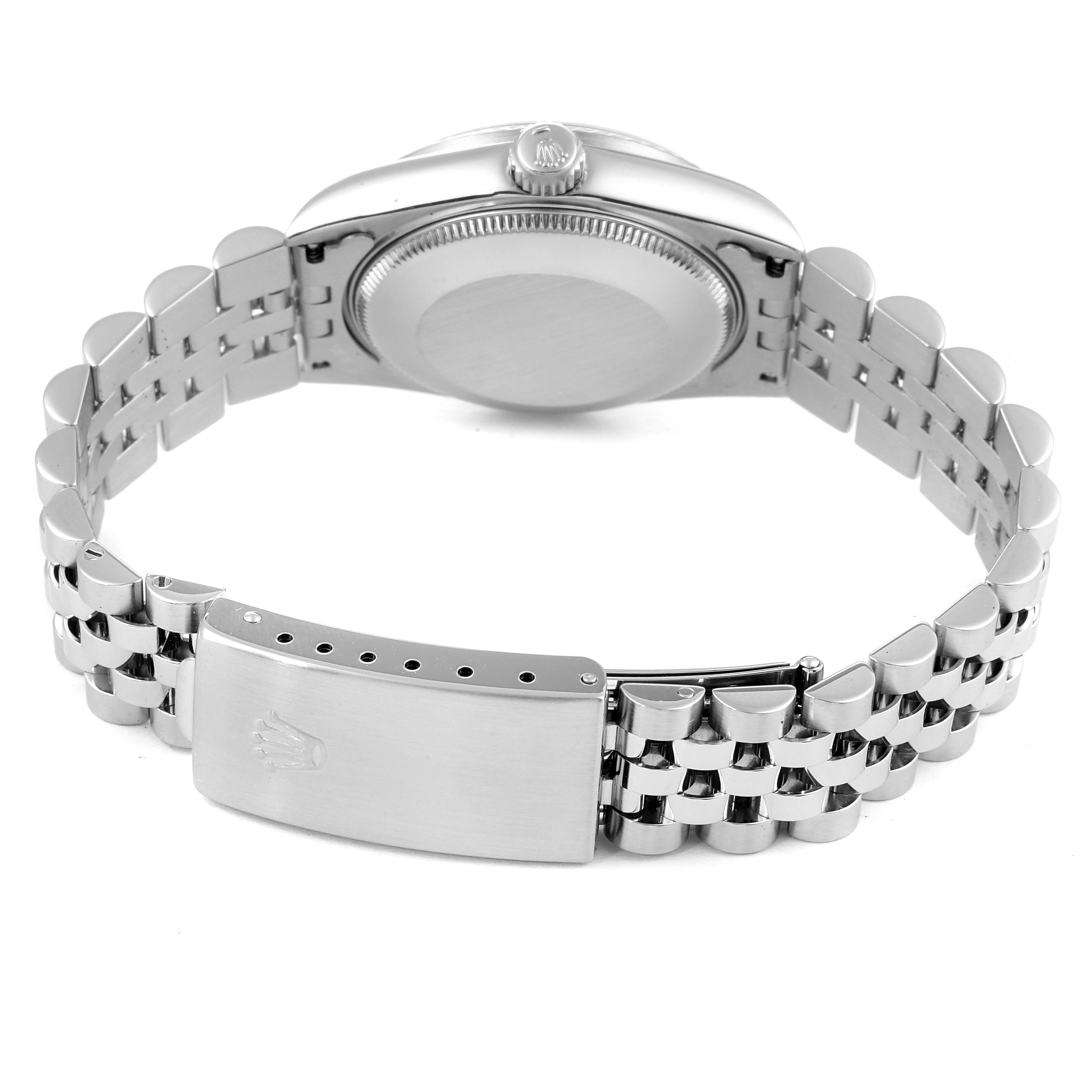 The image shows the back view of a Mid-Size Rolex watch, focusing on the closed clasp and bracelet.