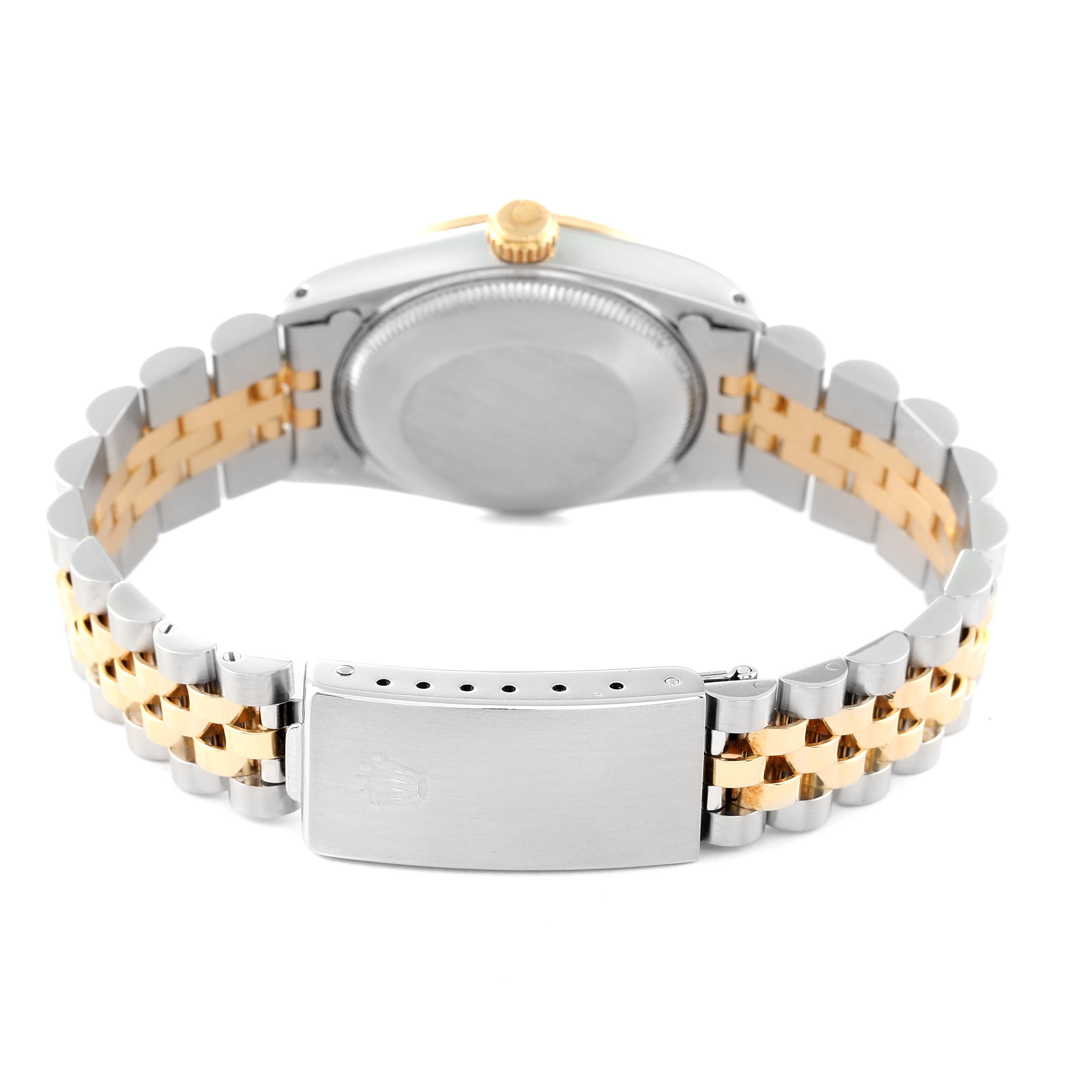 The image shows the back view of a Rolex Mid-Size 68273 Women's Steel and Gold (two tone) Champagne Dial 68273 Women's Steel and Gold (two tone) Champagne Dial model, highlighting the case back, crown, and two-tone Jubilee bracelet with clasp.