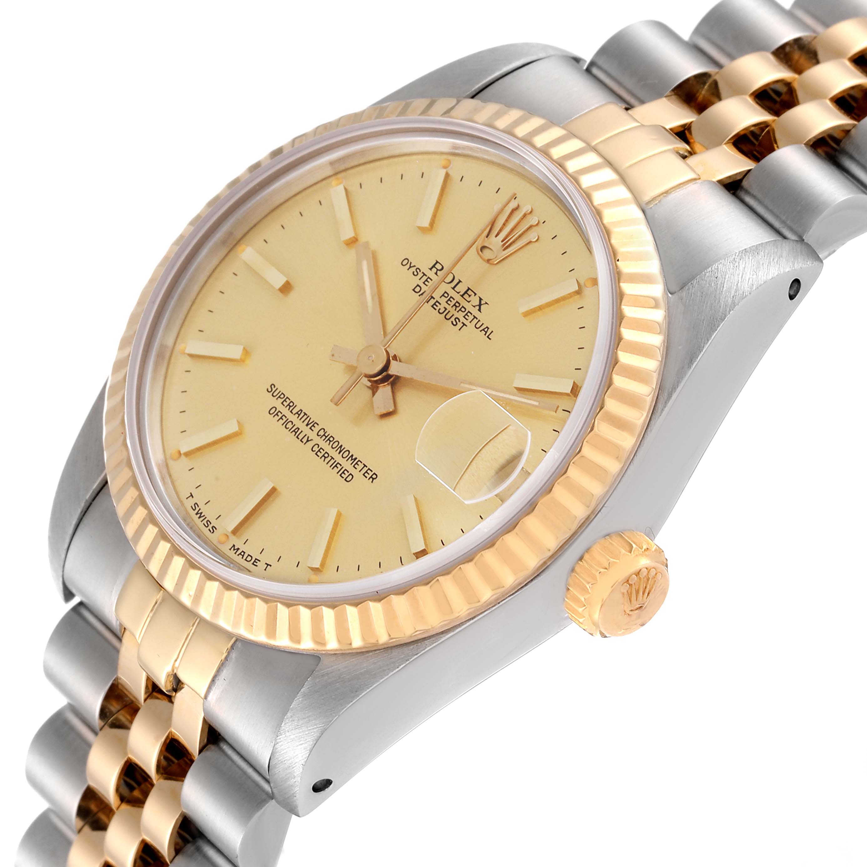 The image shows a Mid-Size Rolex watch from an angled side view, highlighting the dial, bezel, crown, and part of the bracelet.