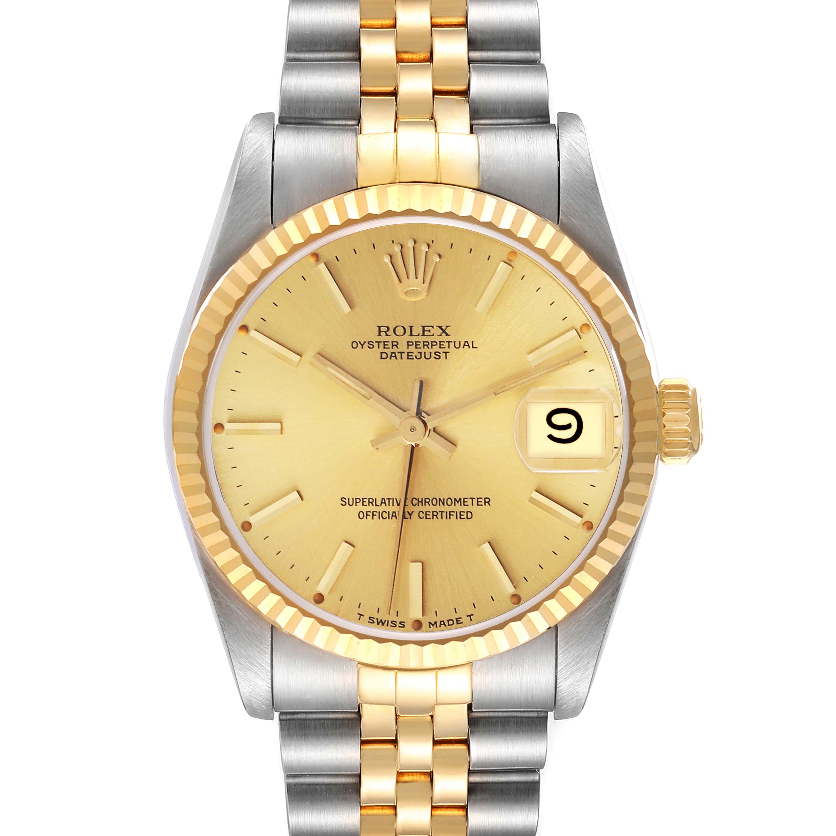 The image shows a front view of a Rolex Mid-Size 68273 Women's Steel and Gold (two tone) Champagne Dial 68273 Women's Steel and Gold (two tone) Champagne Dial Oyster Perpetual Datejust watch with a gold dial, fluted bezel, and Jubilee bracelet.