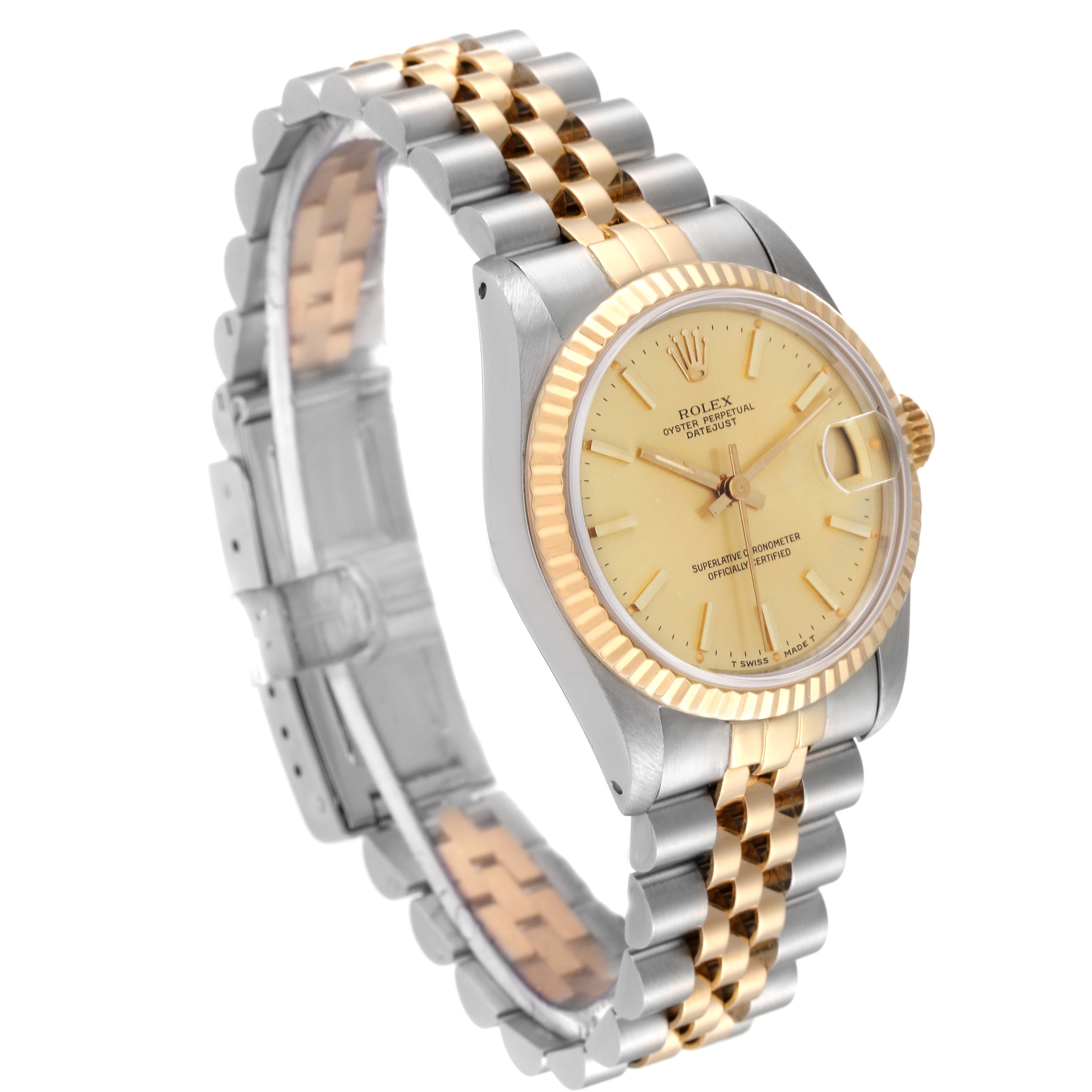 This image shows a Mid-Size Rolex watch angled to display its face, bezel, and two-tone jubilee bracelet.