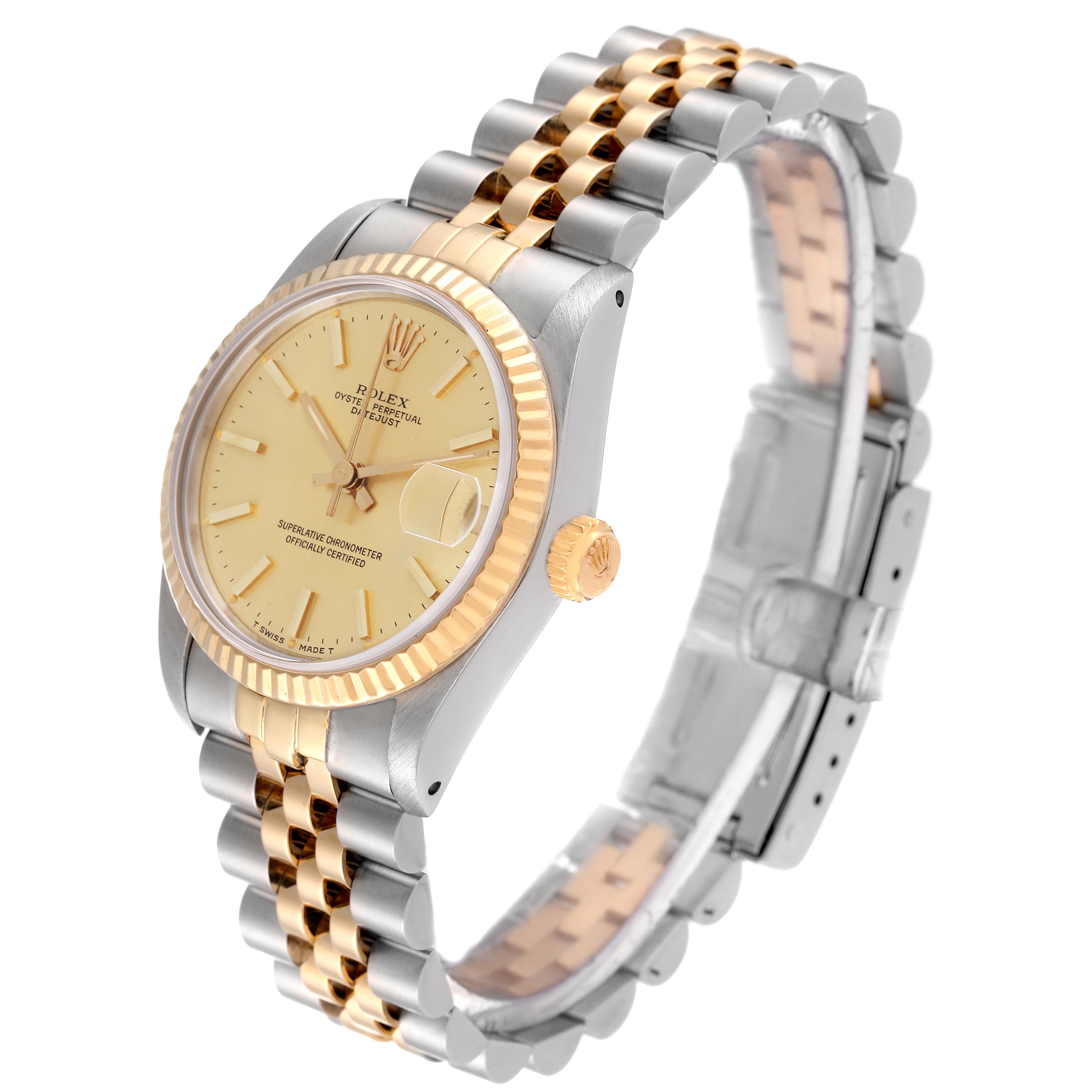 The image shows a Mid-Size Rolex watch at a 3/4 angle, featuring a two-tone bracelet and a champagne dial.