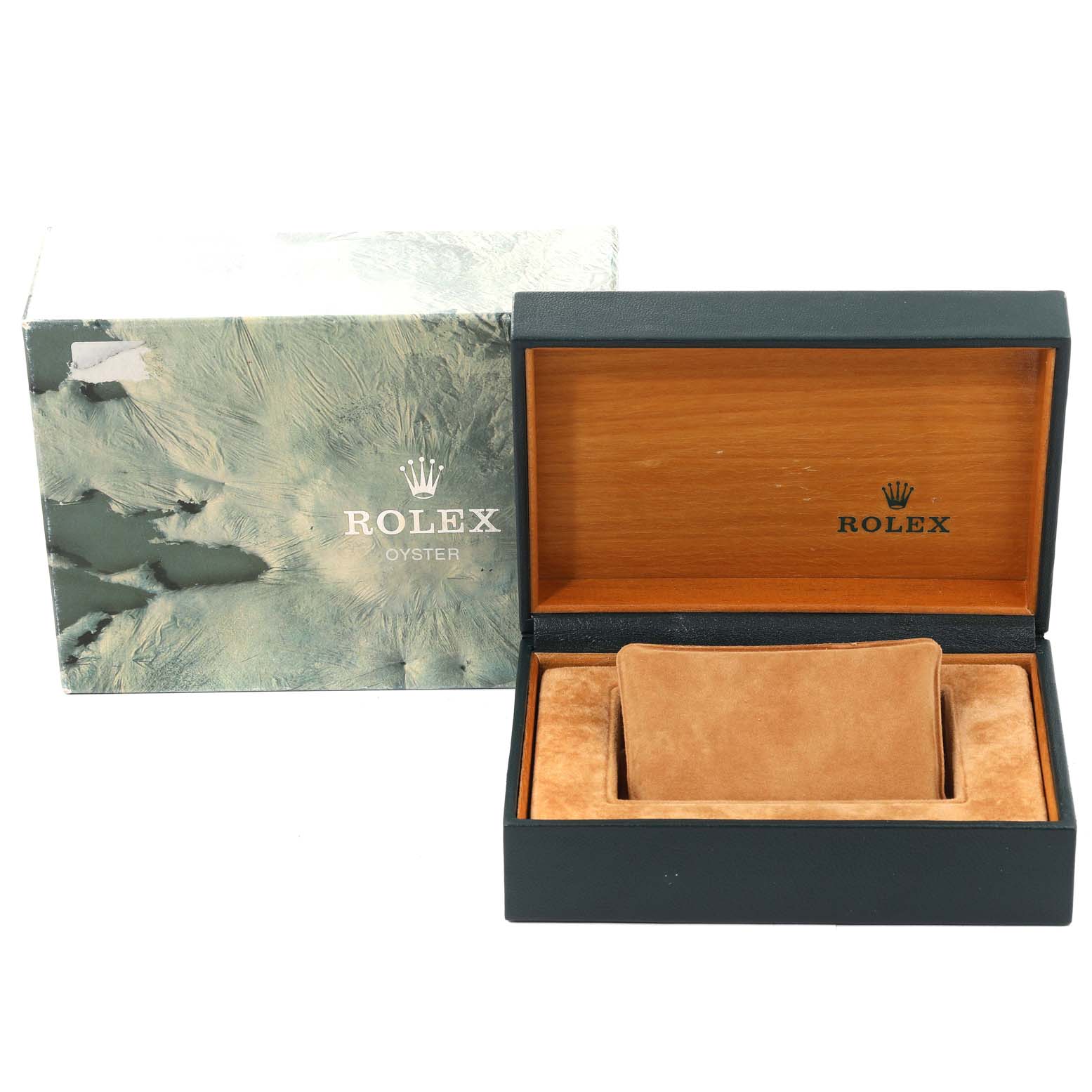 The image shows an open Rolex Oyster watch box and its exterior packaging for a mid-size model.