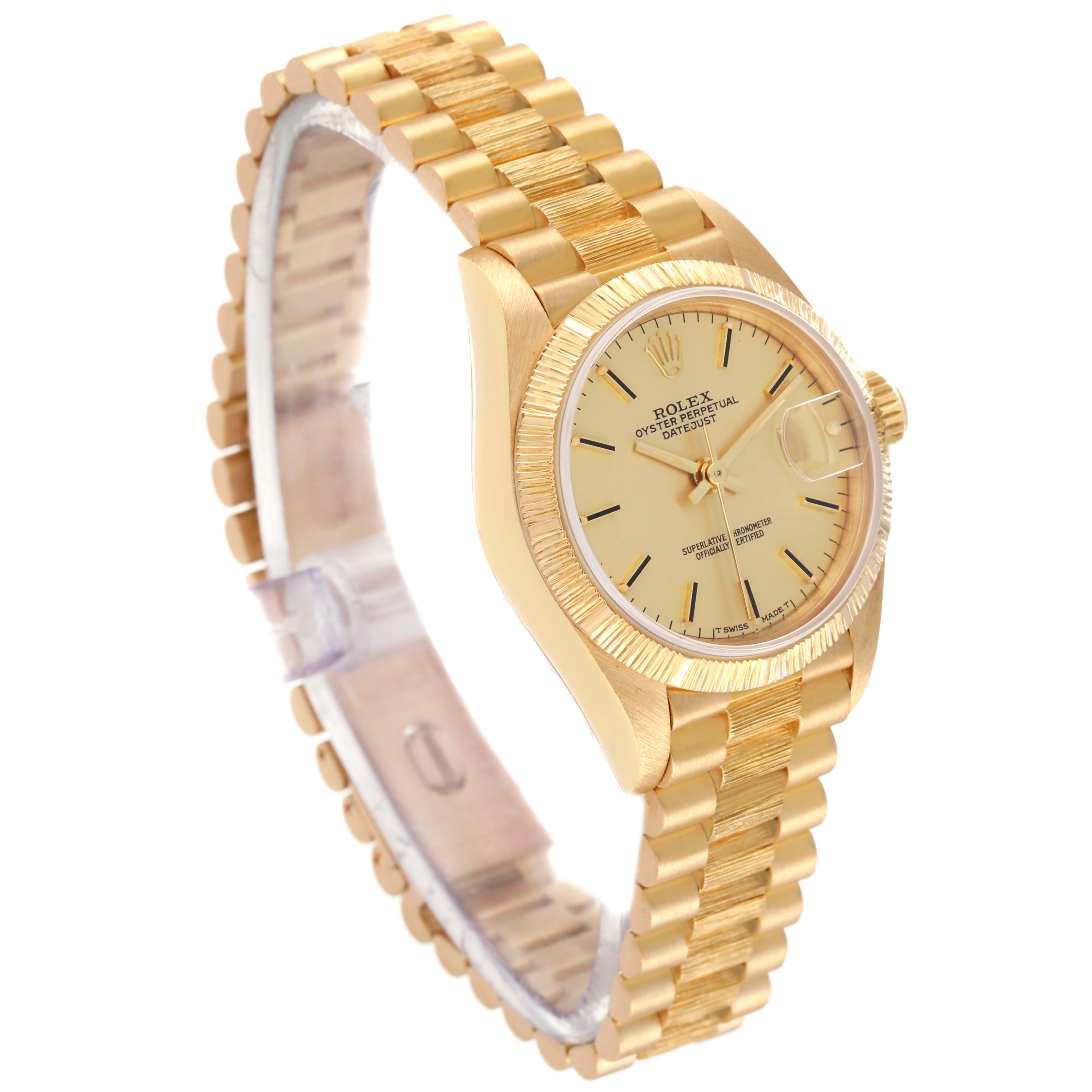 The Rolex President 69278 Women
s Yellow Gold Champagne Dial 69278 Women
s Yellow Gold Champagne Dial watch is shown at a three-quarter angle, displaying its gold bracelet, case, and dial.