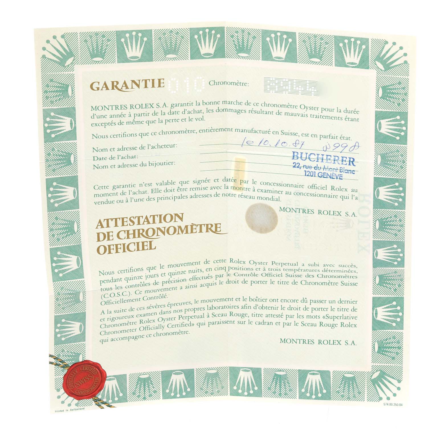 The image shows a warranty certificate for a Rolex President 69278 Women
s Yellow Gold Champagne Dial 69278 Women
s Yellow Gold Champagne Dial model watch.