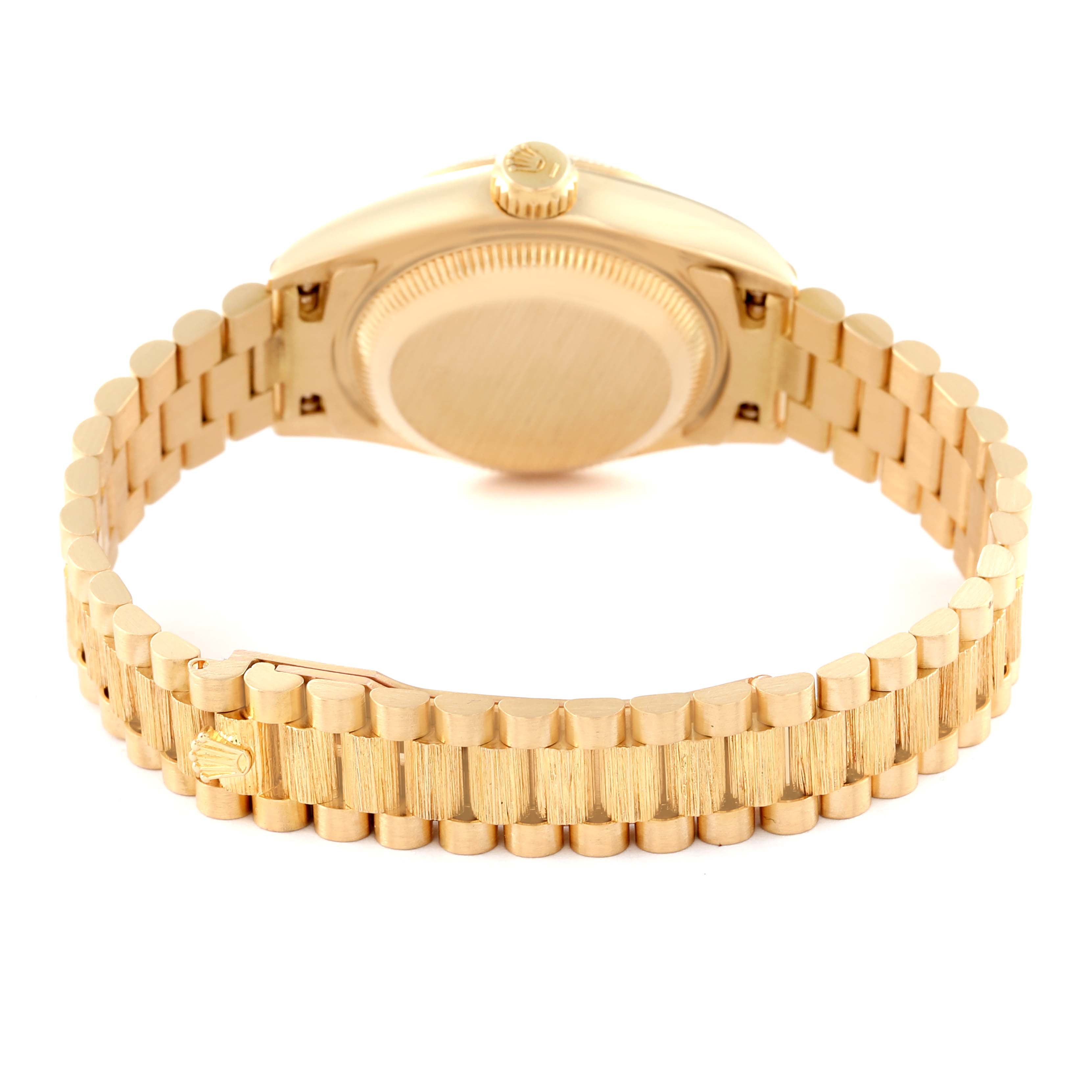The image shows the back and bracelet of a Rolex President 69278 Women
s Yellow Gold Champagne Dial 69278 Women
s Yellow Gold Champagne Dial model in a gold finish.