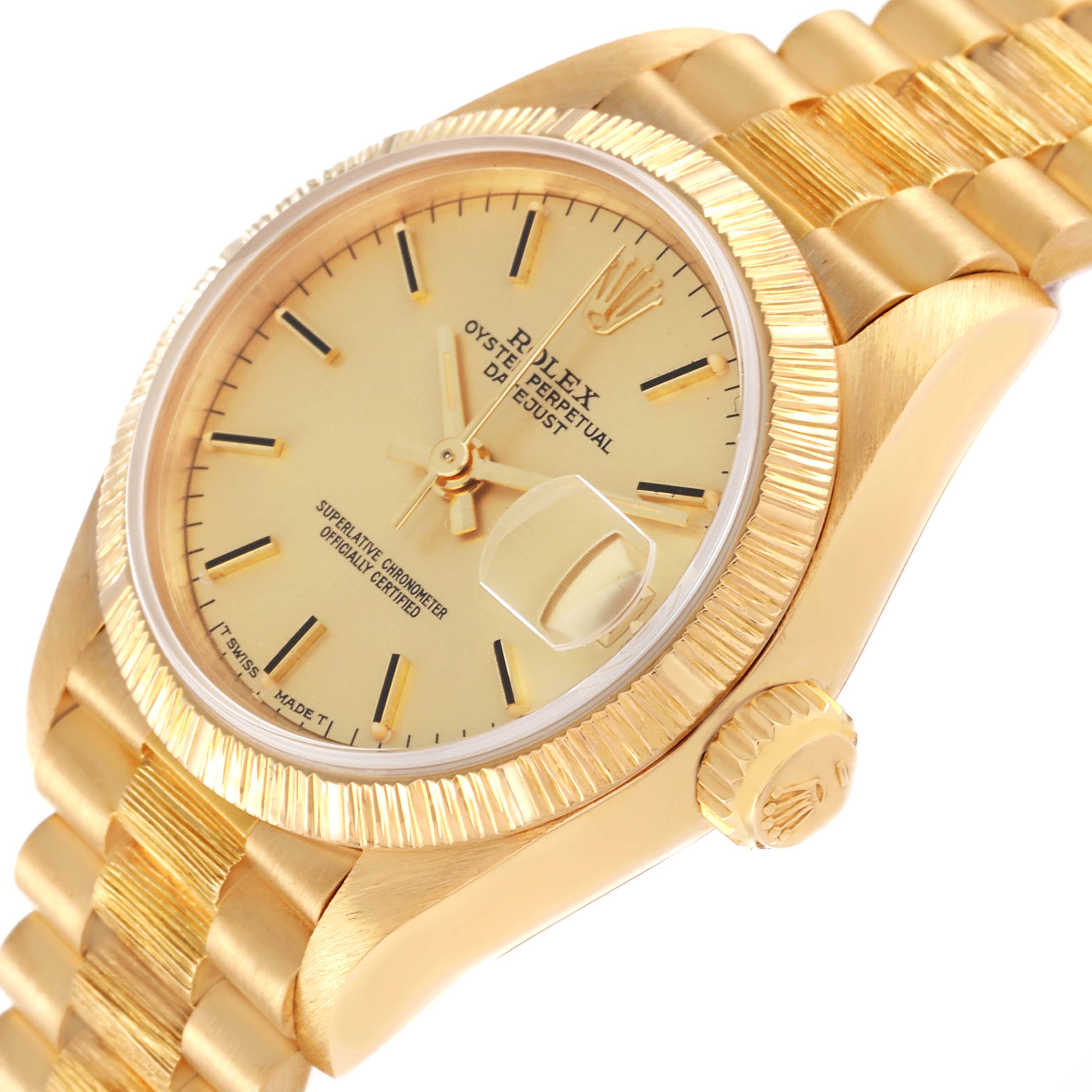 This image shows a Rolex President 69278 Women
s Yellow Gold Champagne Dial 69278 Women
s Yellow Gold Champagne Dial model watch at a slight side angle, highlighting the bezel, crown, and part of the bracelet.