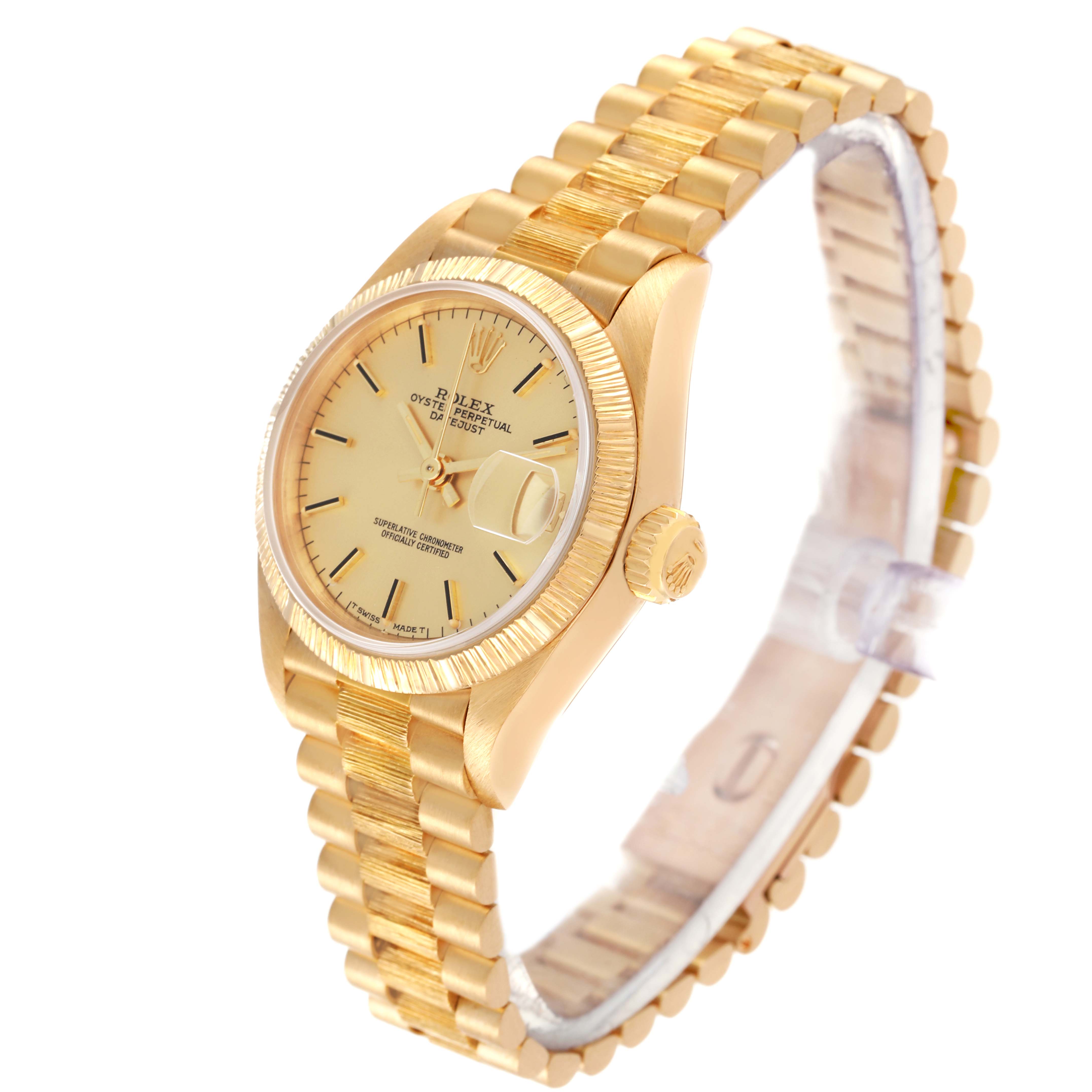 The image shows a side and front view of a Rolex President 69278 Women
s Yellow Gold Champagne Dial 69278 Women
s Yellow Gold Champagne Dial model watch, highlighting the gold case, fluted bezel, and President bracelet.