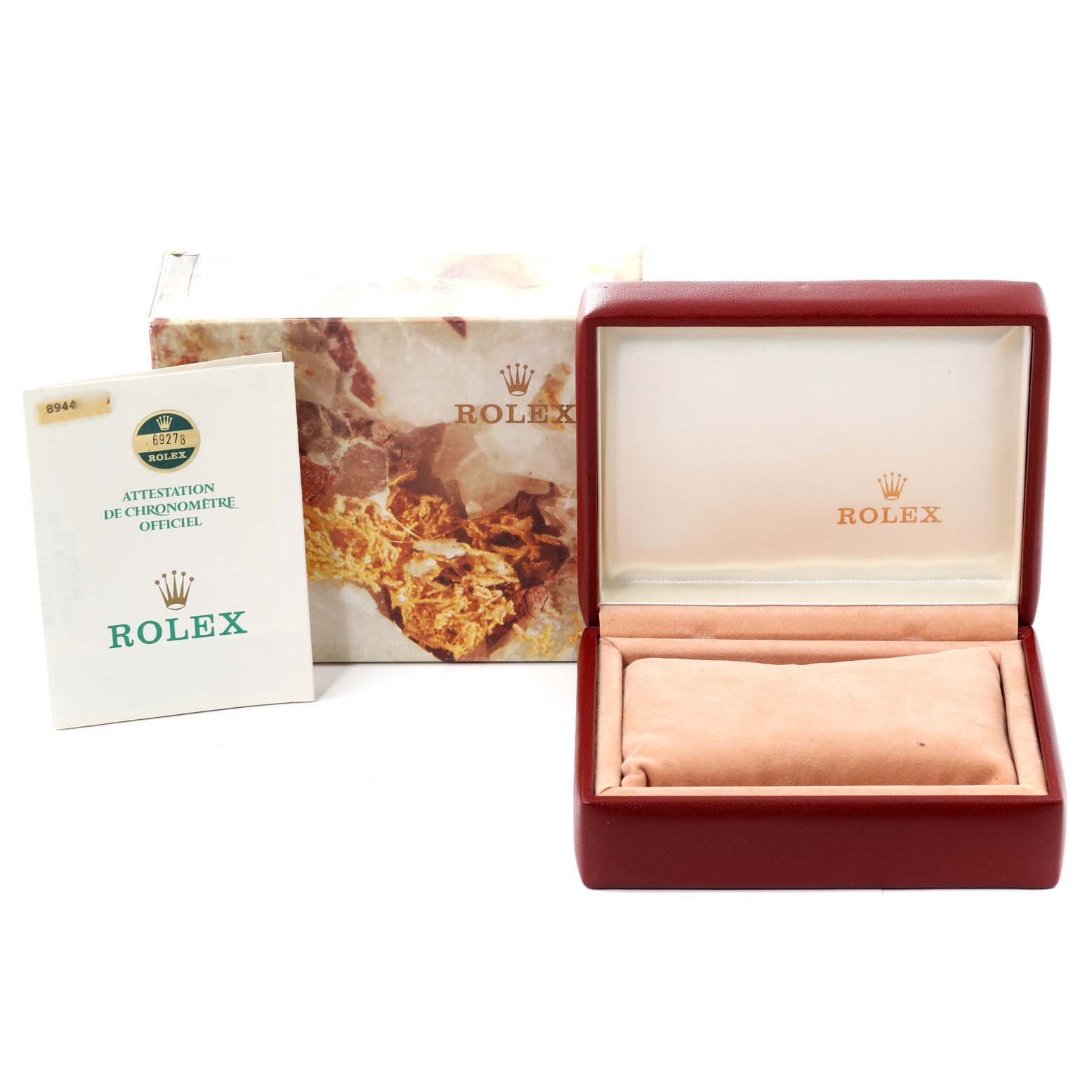 The image shows a Rolex President 69278 Women
s Yellow Gold Champagne Dial 69278 Women
s Yellow Gold Champagne Dial model watch box, outer packaging, and official certification booklet.