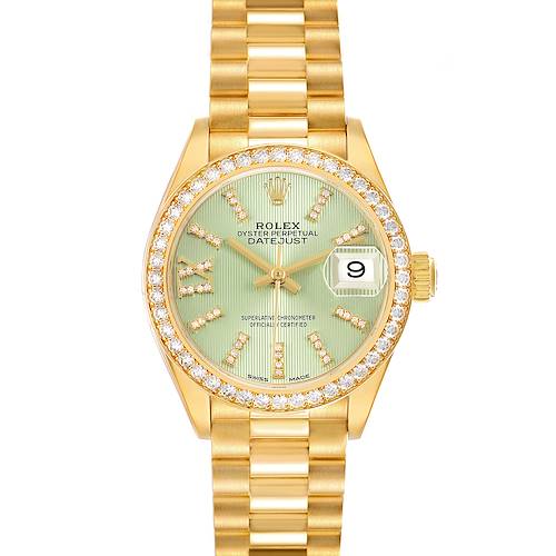 The Rolex Datejust 279138 Women's Yellow Gold Green Dial watch is shown from the front, featuring a green dial, diamond bezel, and gold bracelet.