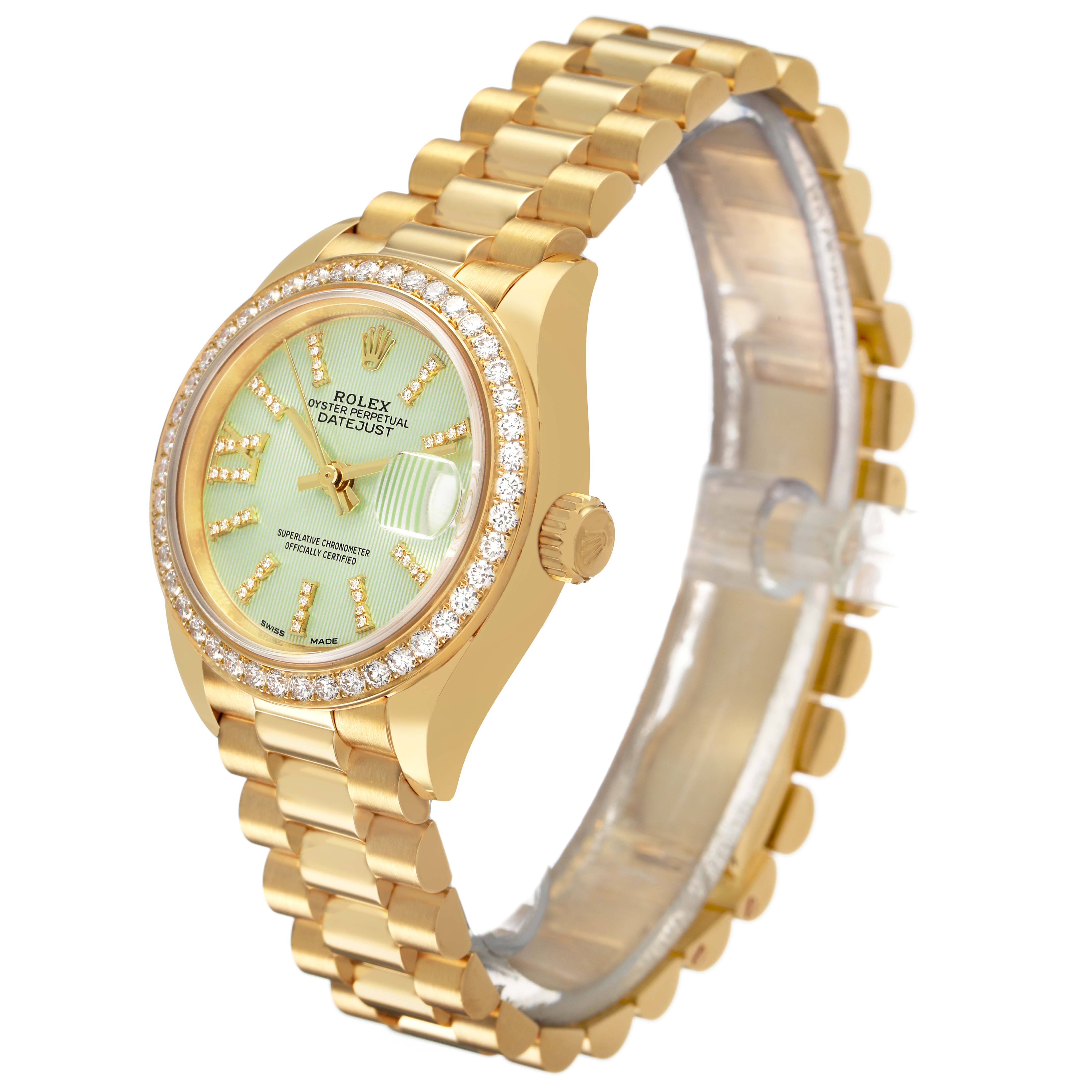 The Rolex Datejust 279138 Women's Yellow Gold Green Dial watch is shown at a three-quarter angle, highlighting the bracelet, green dial, diamond bezel, and crown.