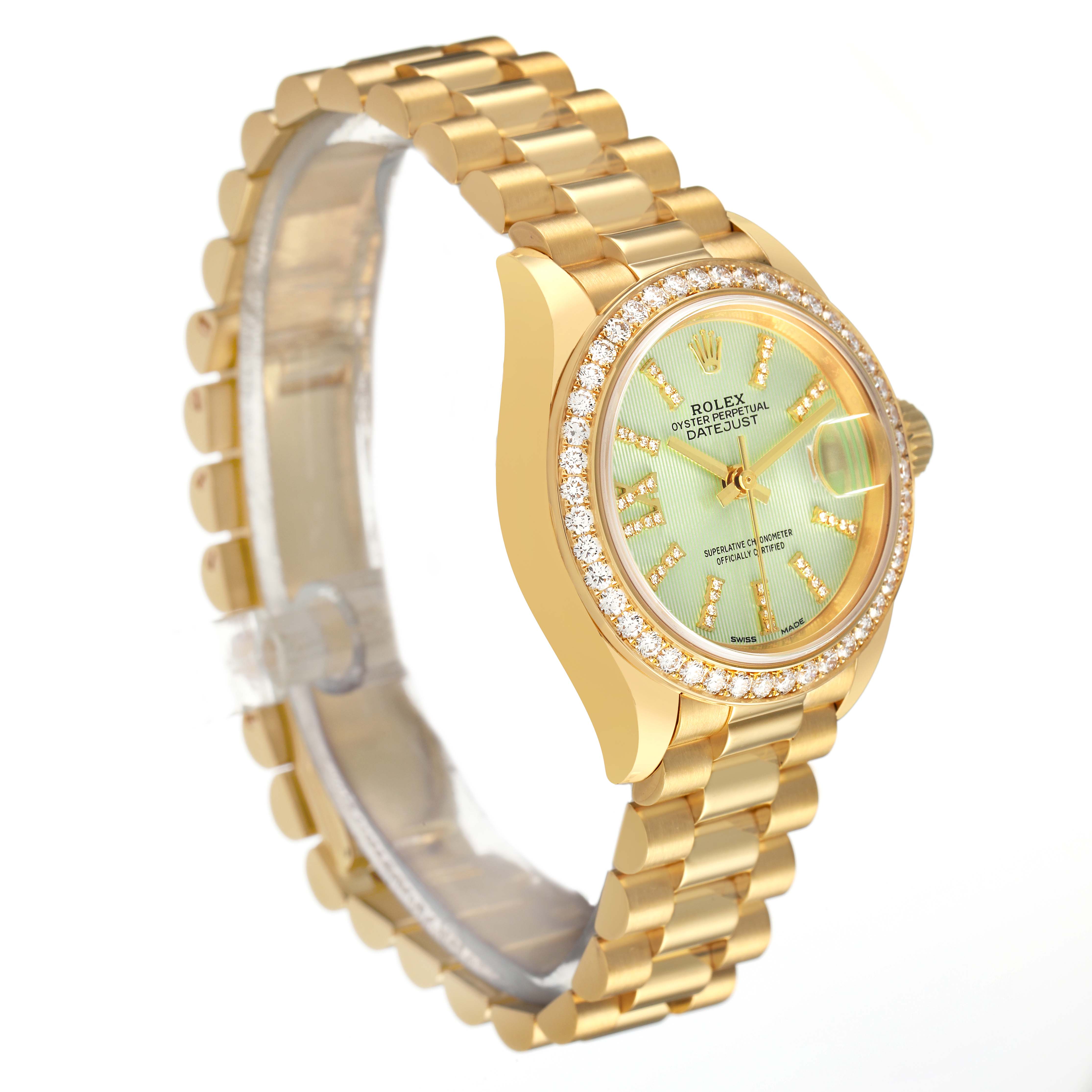 The Rolex Datejust 279138 Women's Yellow Gold Green Dial watch is shown at a three-quarter angle, highlighting the face, bezel, and bracelet.