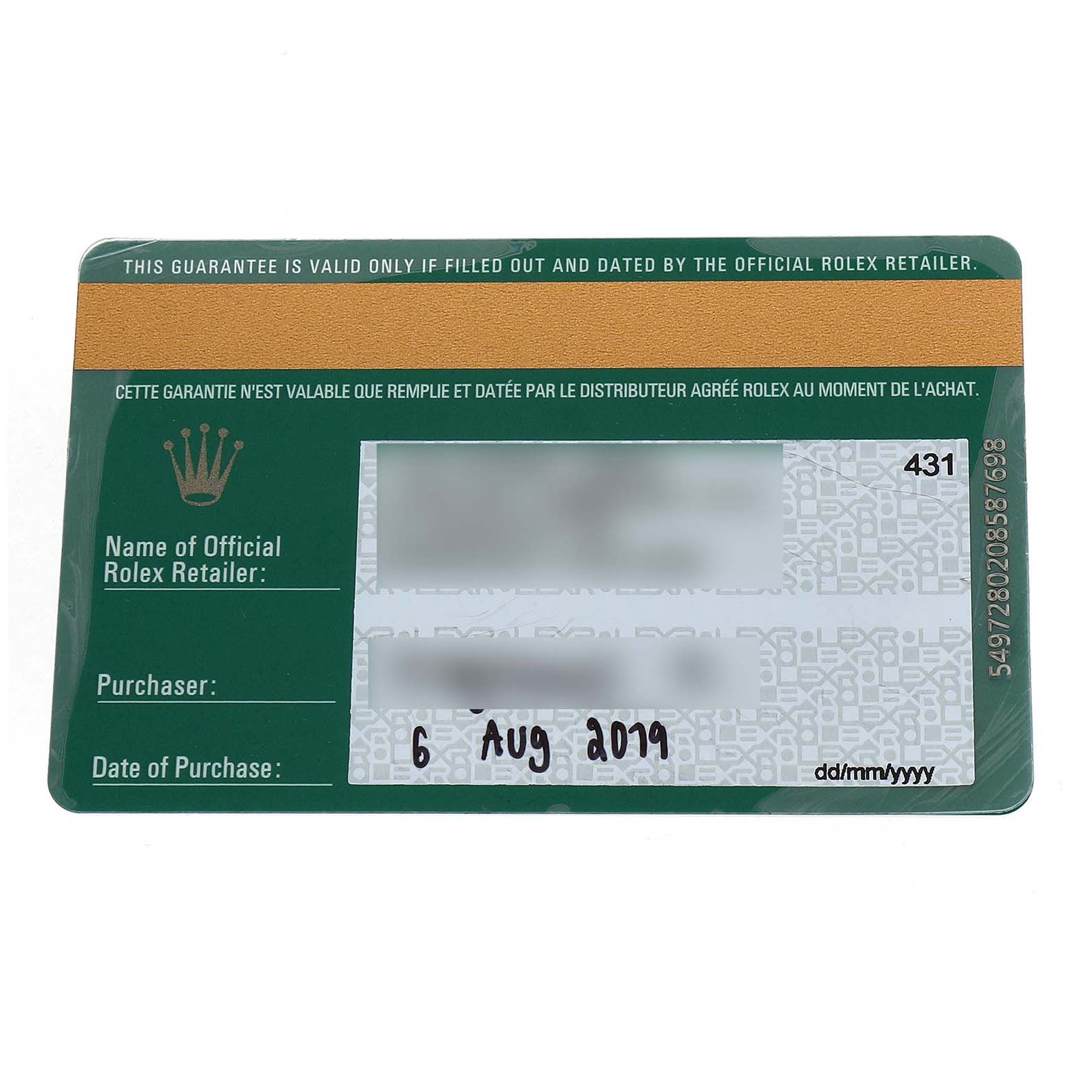 This image shows a warranty card for the Rolex Datejust 279138 Women's Yellow Gold Green Dial, displaying purchase details and retailer information.