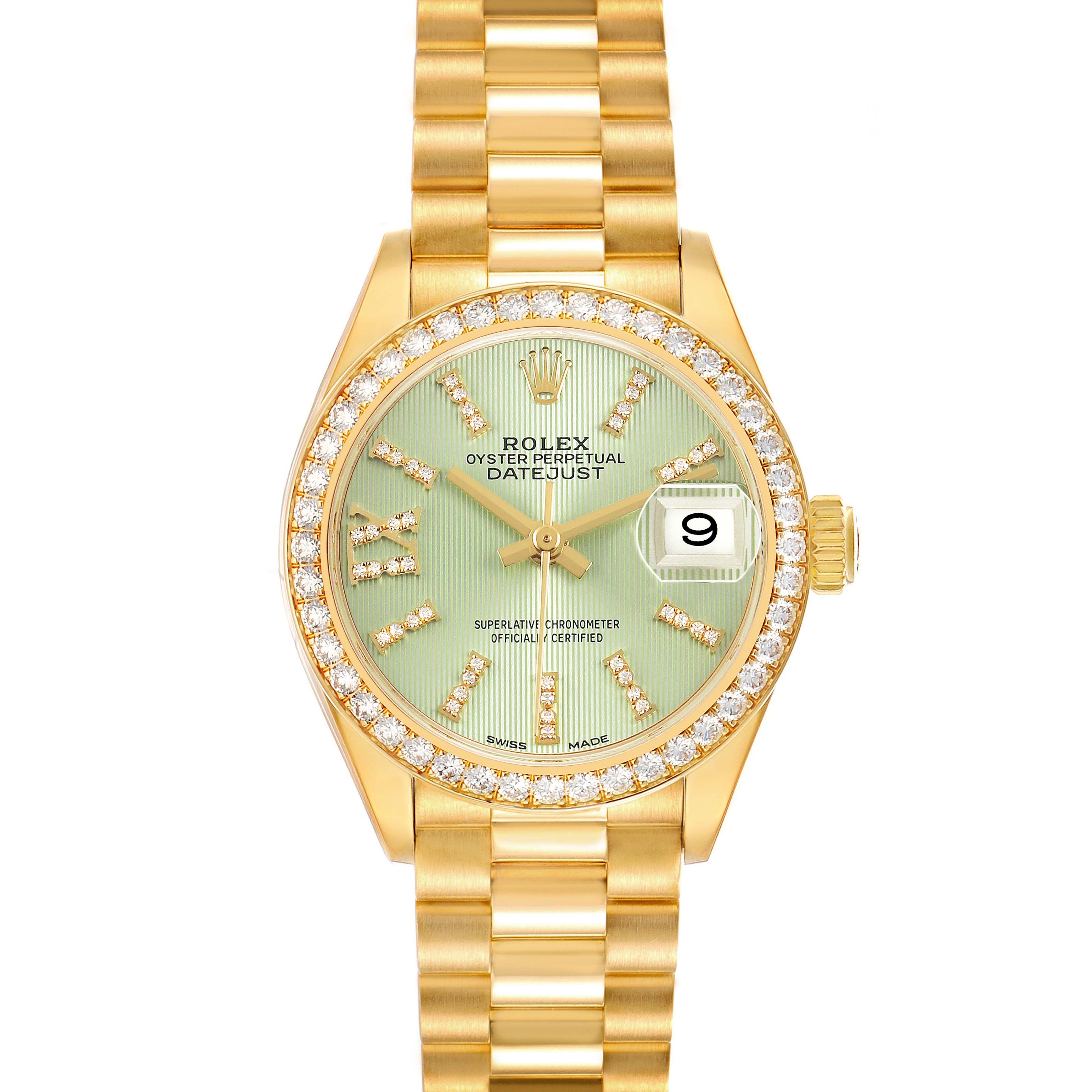 The Rolex Datejust 279138 Women's Yellow Gold Green Dial watch is shown from a front angle, displaying the dial, bezel, and bracelet.