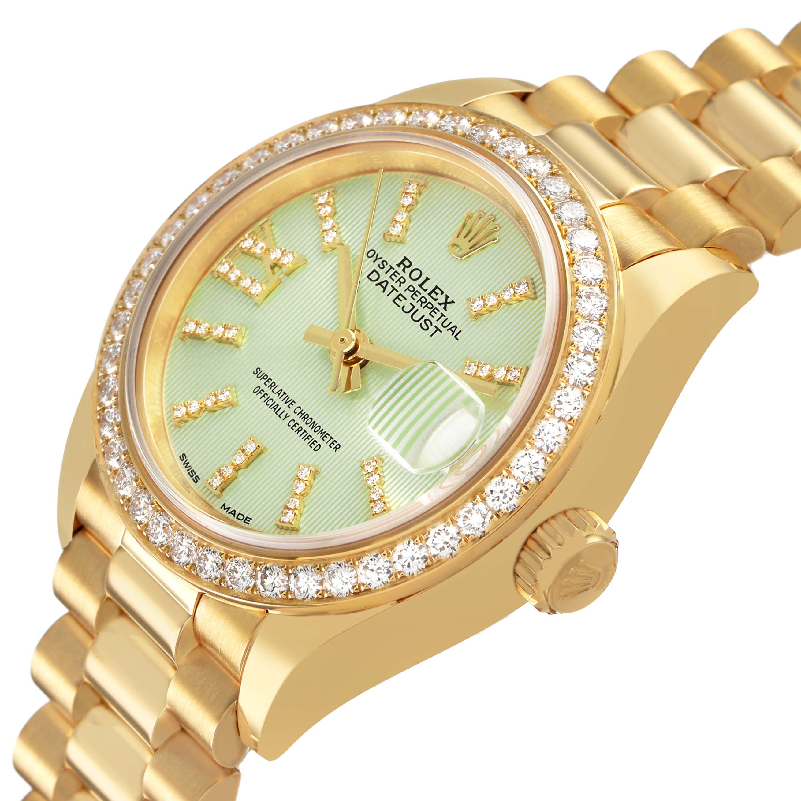 The Rolex Datejust 279138 Women's Yellow Gold Green Dial watch is shown from an angled side view, highlighting the dial, bezel, crown, and bracelet.
