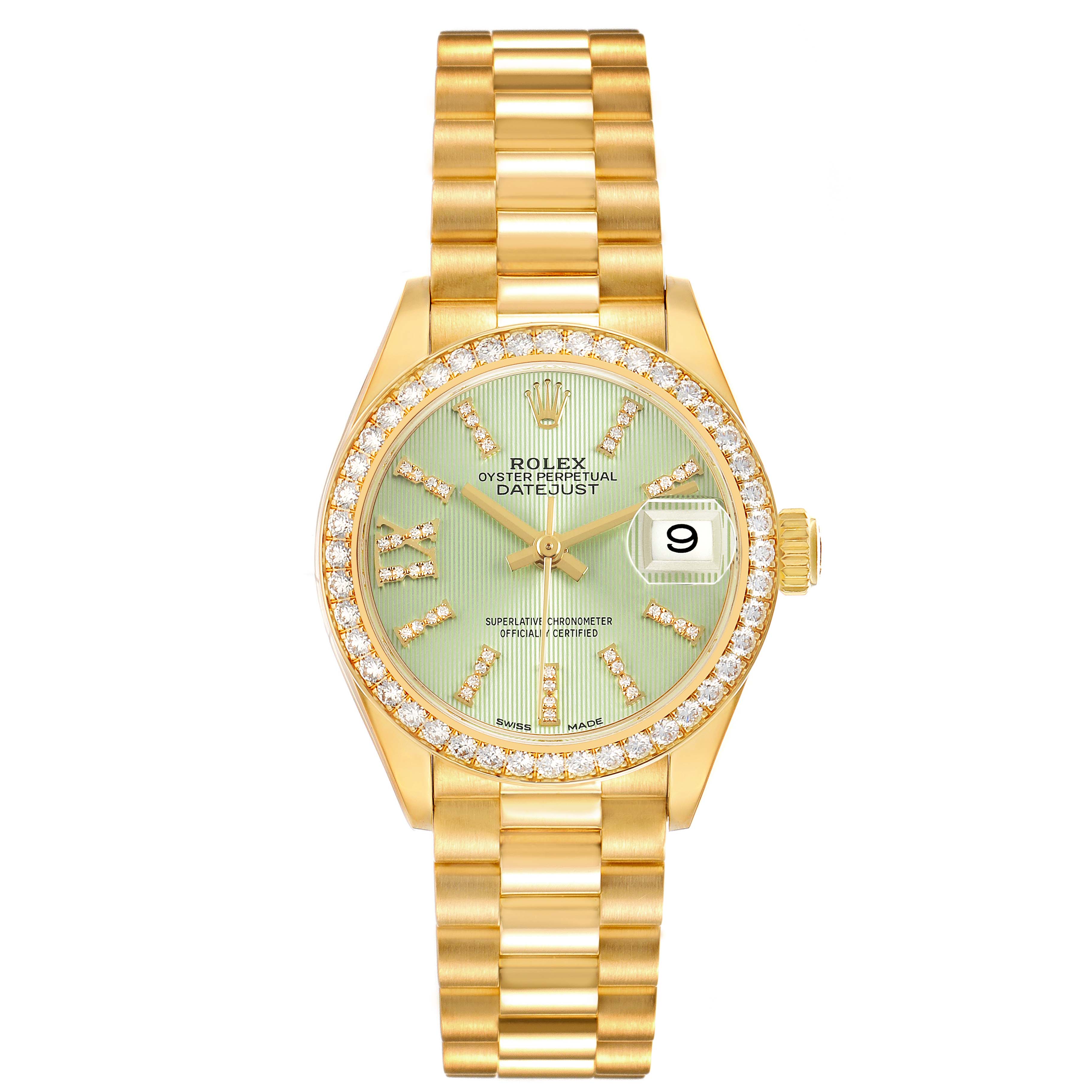 The Rolex Datejust 279138 Women's Yellow Gold Green Dial watch is shown from the front, highlighting the dial, bezel, case, and bracelet.