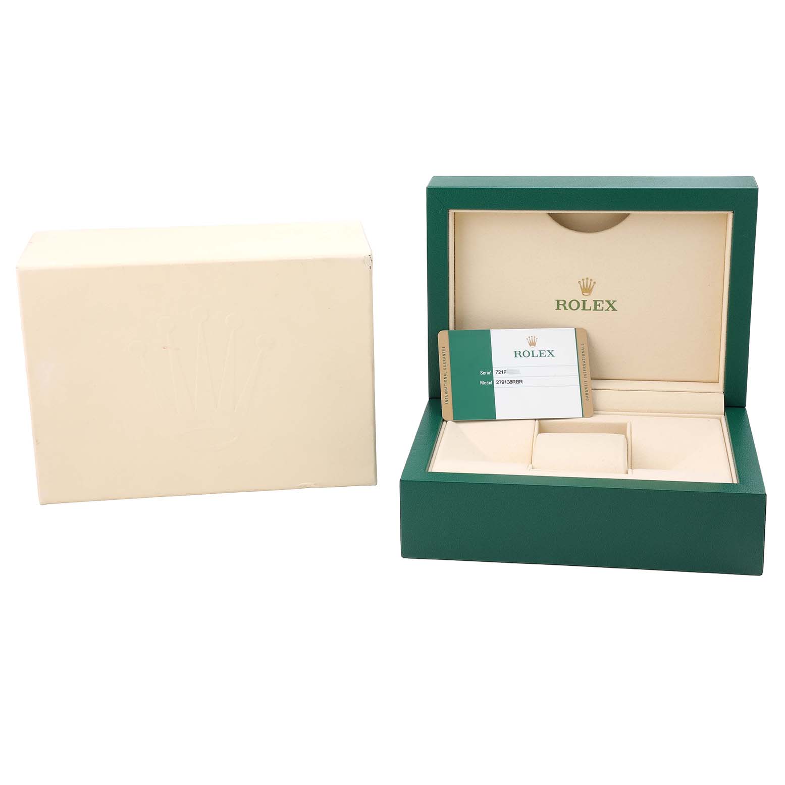 The image shows an open Rolex Datejust 279138 Women's Yellow Gold Green Dial watch box with an authenticity card inside, alongside a closed outer box.