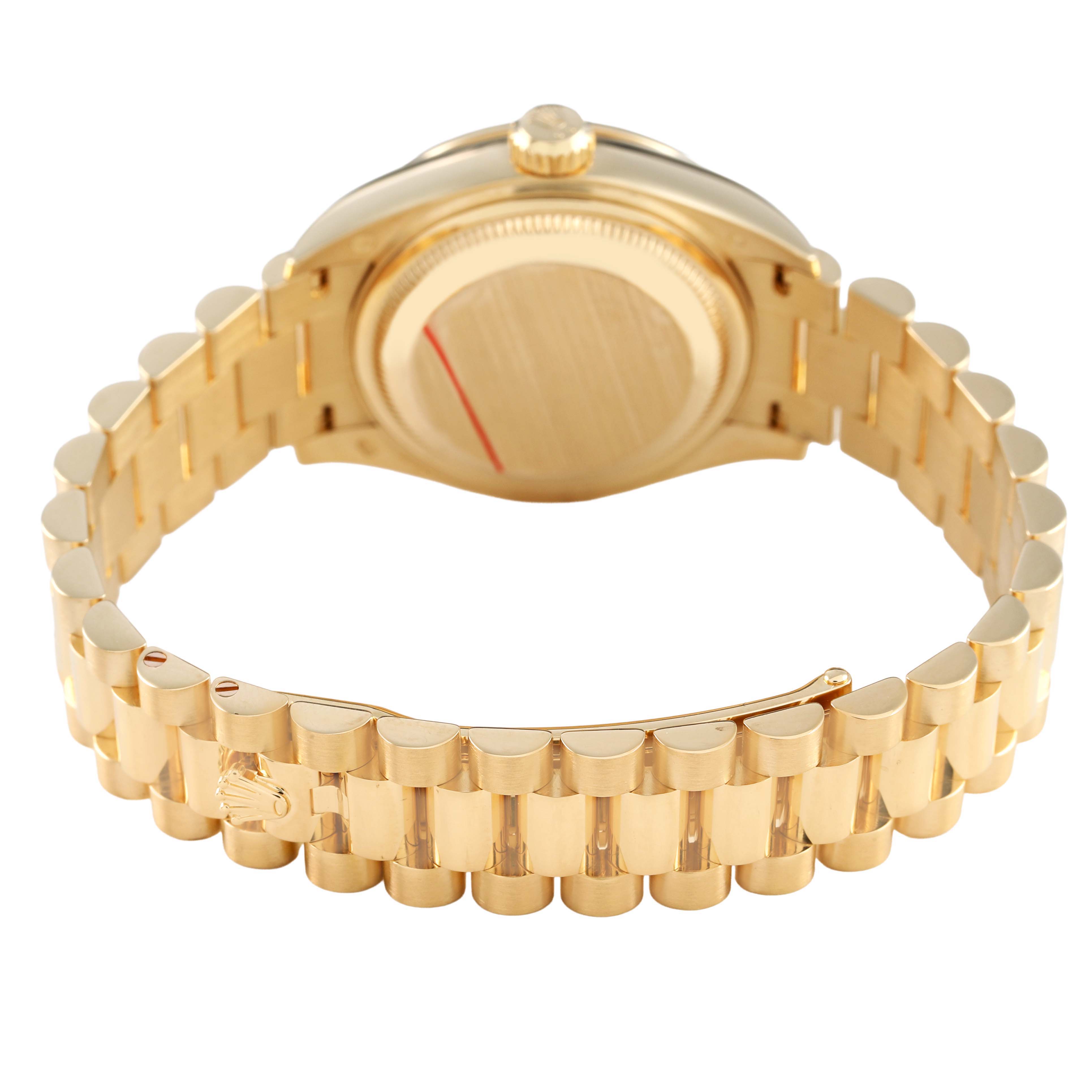 The image shows the back of a Rolex Datejust 279138 Women's Yellow Gold Green Dial watch with its gold bracelet and clasp.