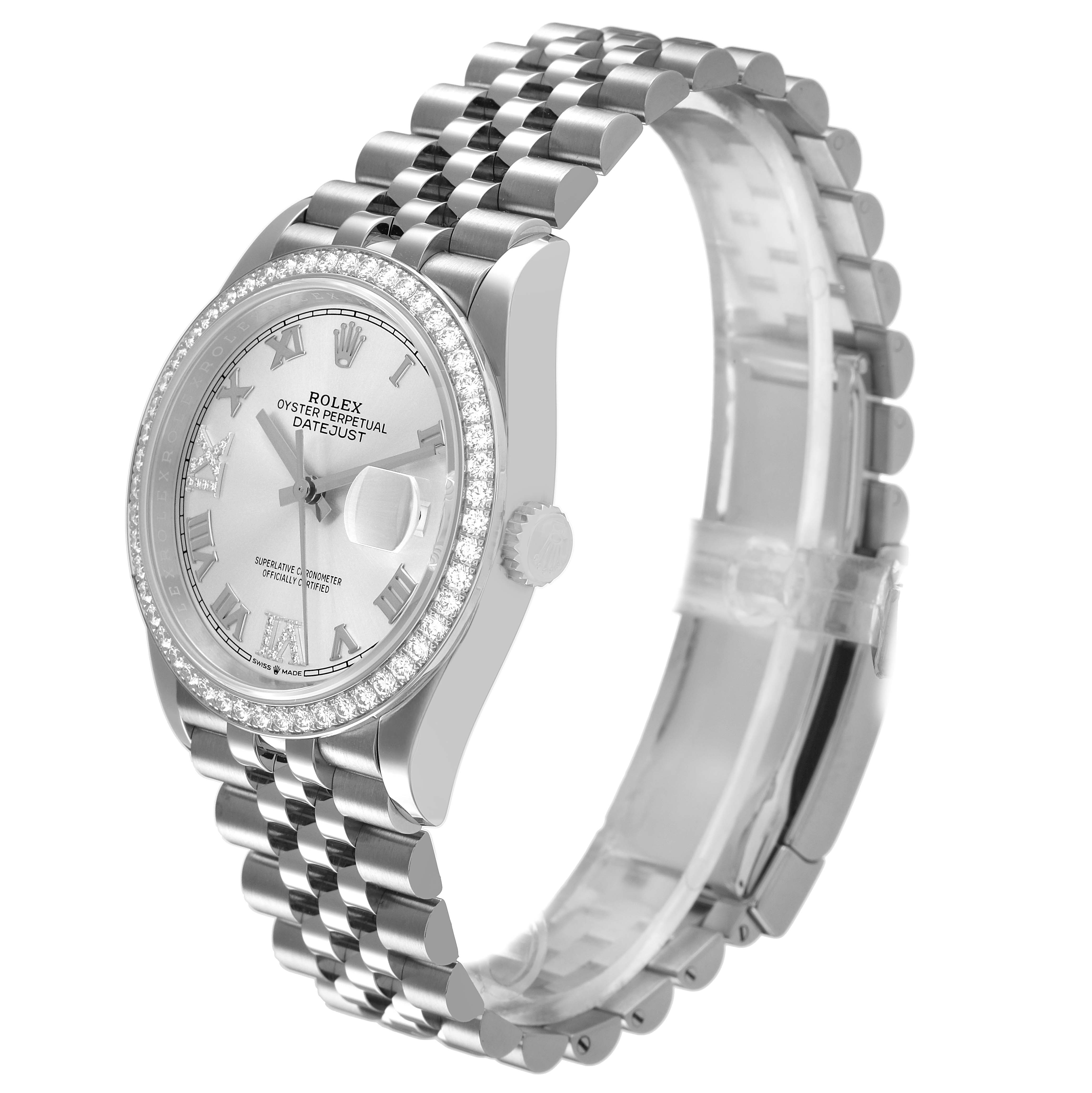 The Rolex Datejust 126284 Men's Stainless Steel Silver Dial watch is shown at a three-quarter angle, highlighting the face, bezel, and bracelet.