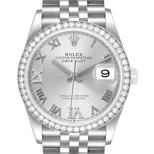 The Rolex Datejust 126284 Men's Stainless Steel Silver Dial watch is shown from a front angle, highlighting its face, bezel, and part of the bracelet.