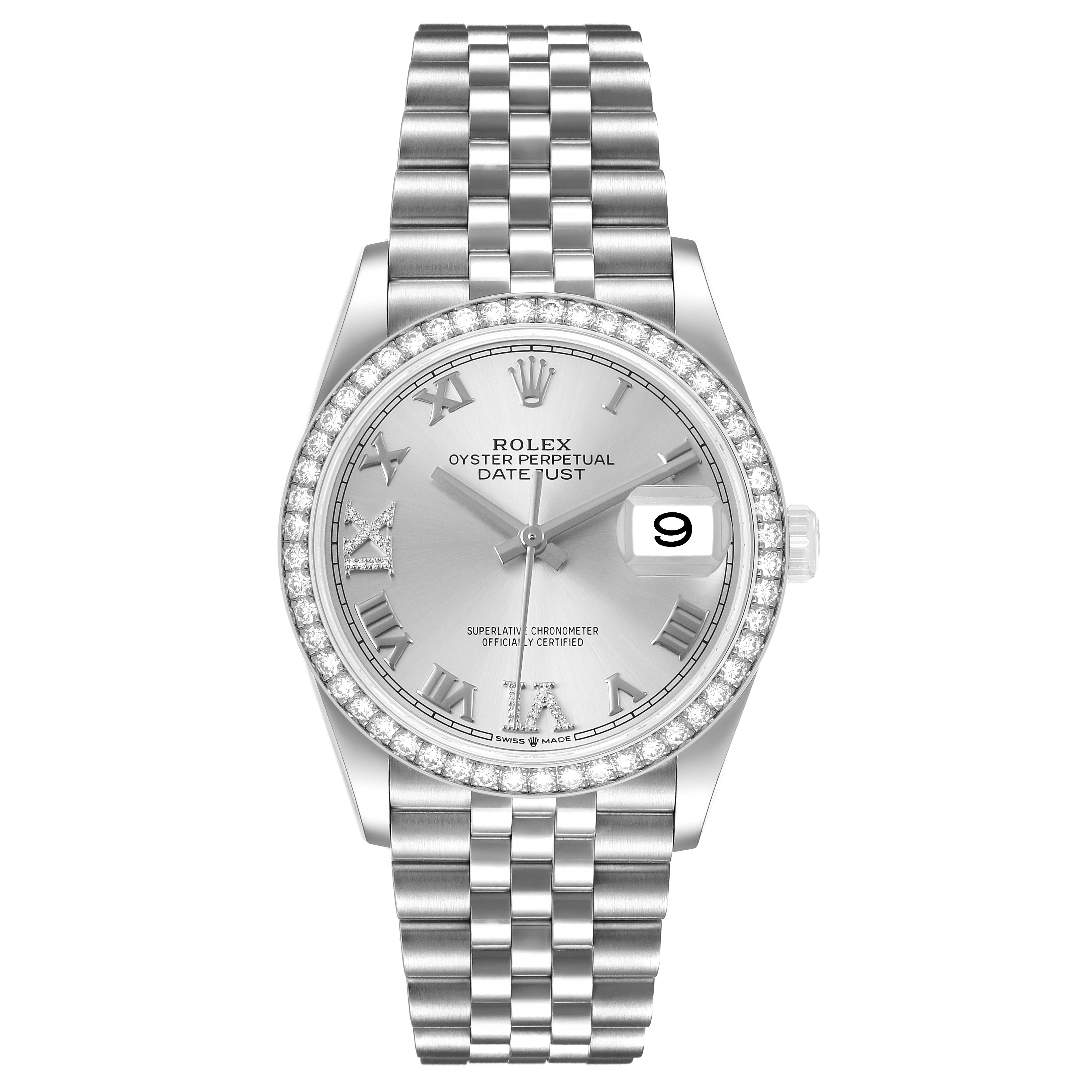 The Rolex Datejust 126284 Men's Stainless Steel Silver Dial watch is shown from a top-down angle, displaying its dial, bracelet, and jeweled bezel.