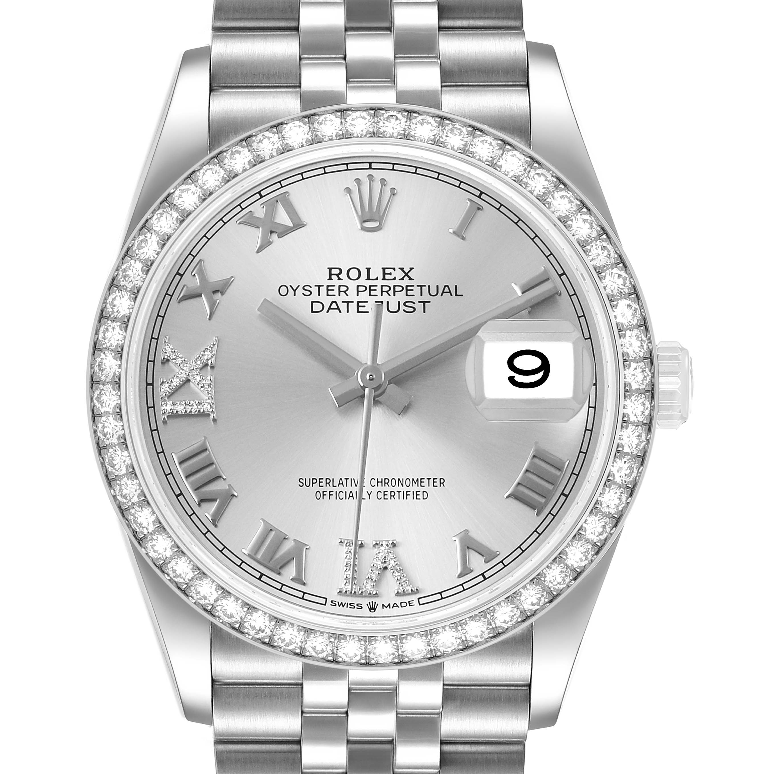 The Rolex Datejust 126284 Men's Stainless Steel Silver Dial watch is shown from a top-down angle, highlighting the dial, bezel, and bracelet.