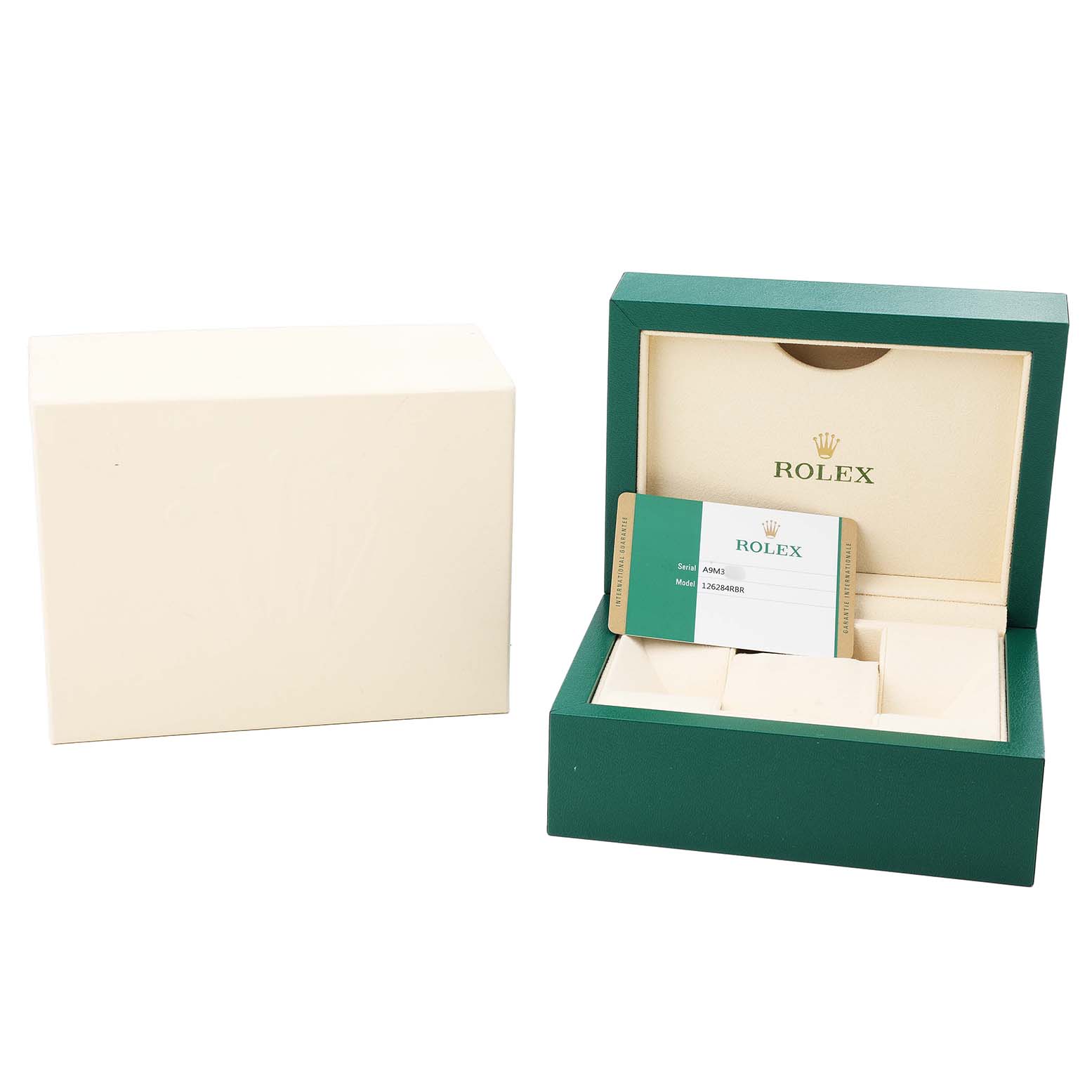 The image shows an open Rolex Datejust 126284 Men's Stainless Steel Silver Dial watch box and warranty card, with the outer box beside it.