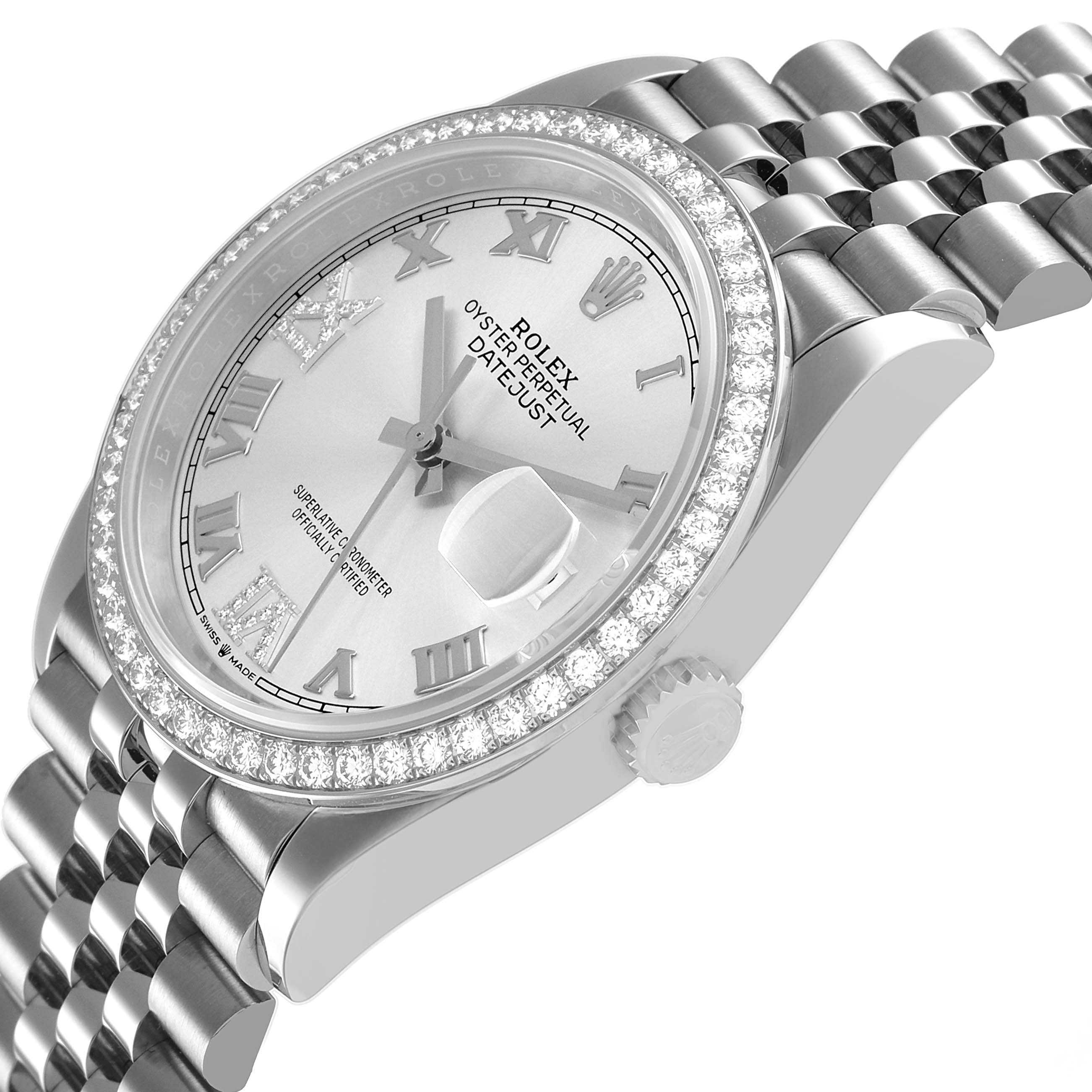 The Rolex Datejust 126284 Men's Stainless Steel Silver Dial watch is shown at a three-quarter angle, displaying the face, bezel, and part of the Jubilee bracelet.