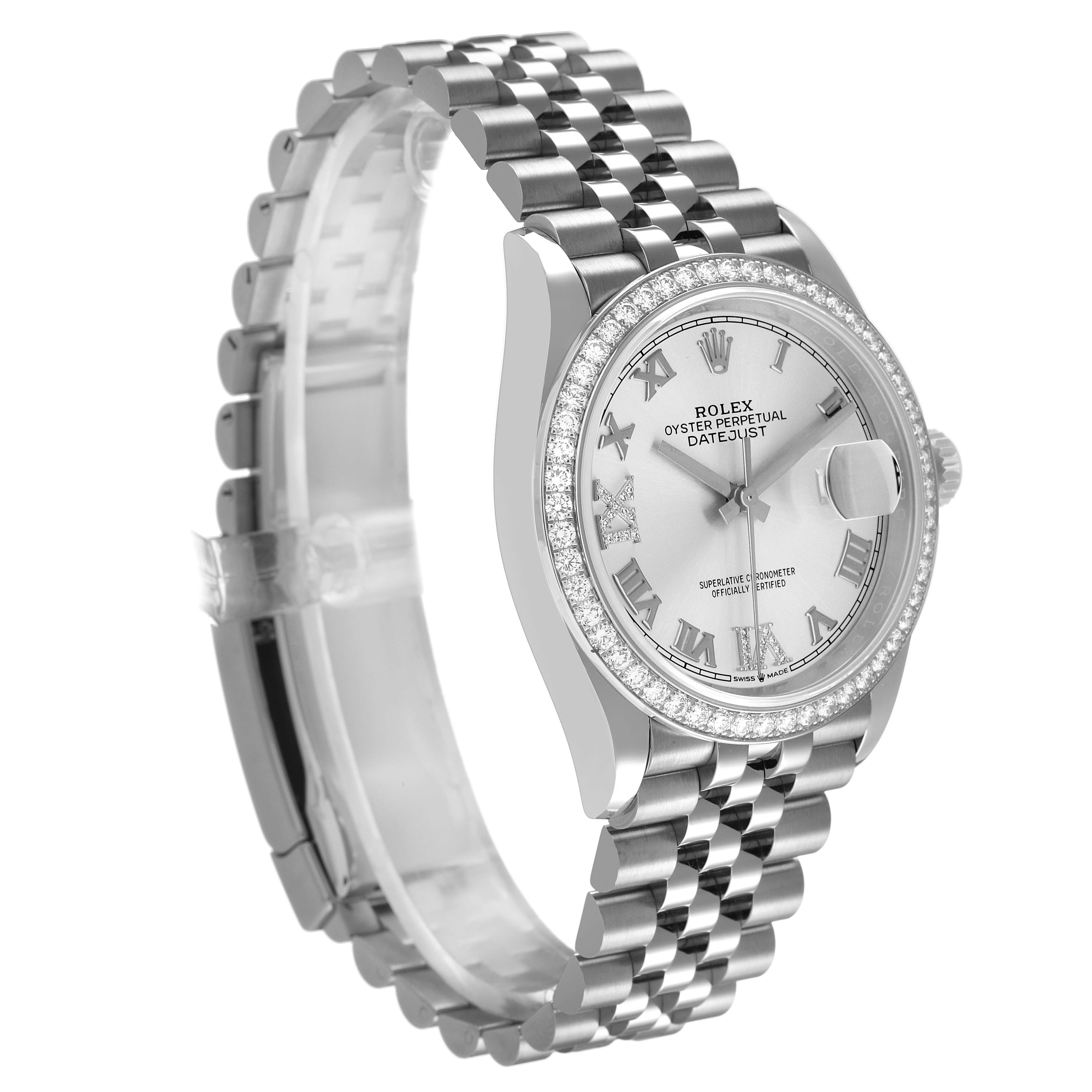 The Rolex Datejust 126284 Men's Stainless Steel Silver Dial watch is shown at a side angle, displaying the bracelet, bezel, and dial.