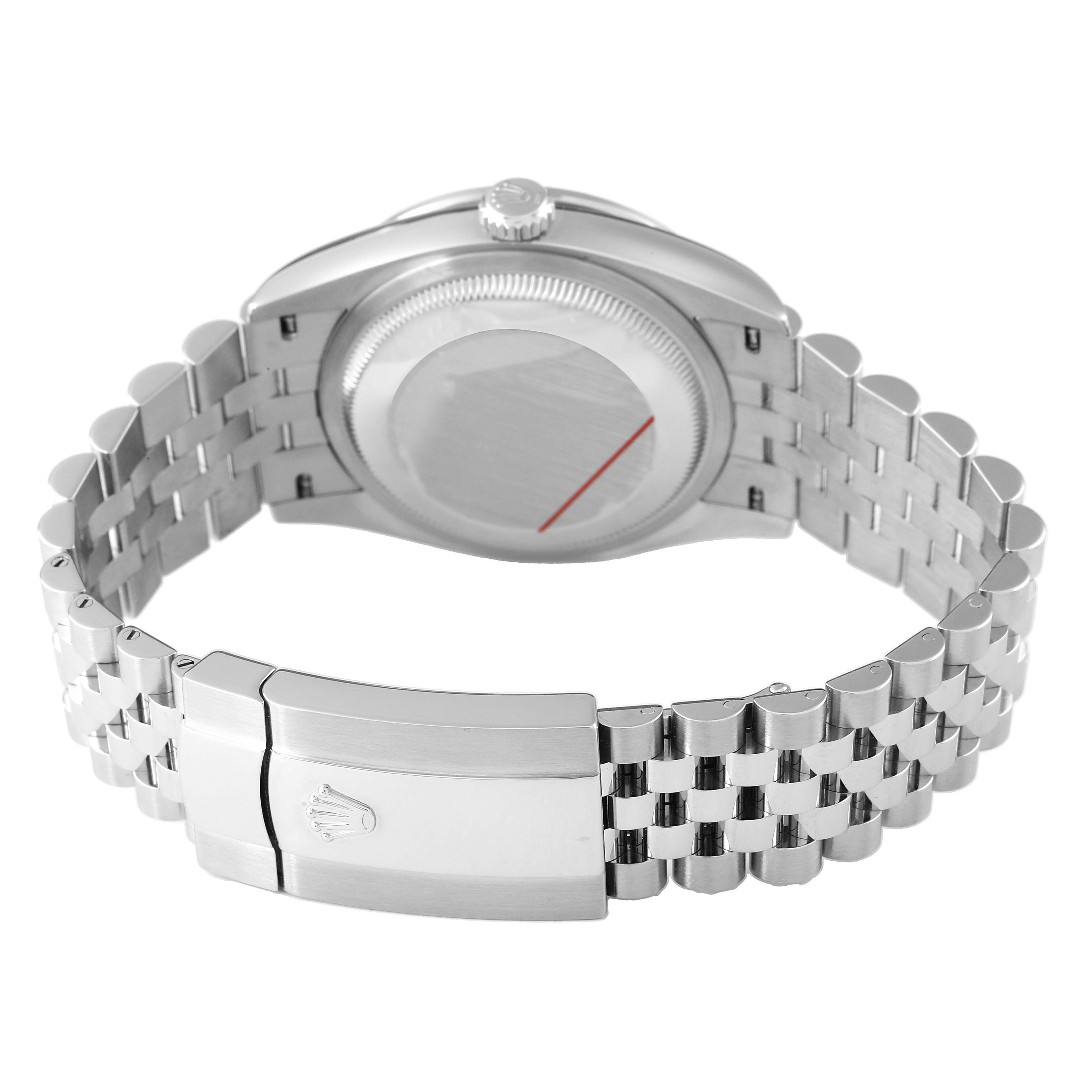 The image shows the back view of a Rolex Datejust 126284 Men's Stainless Steel Silver Dial, featuring the case back, crown, and jubilee bracelet with the clasp.