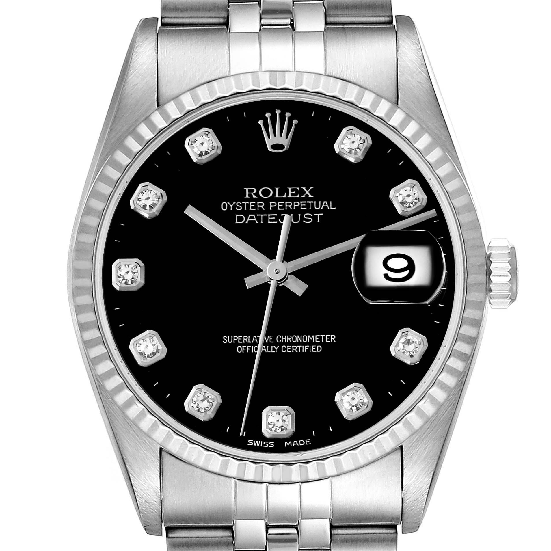The image shows a close-up view of a Rolex Datejust 16234 Men's Stainless Steel Black Dial 16234 Men's Stainless Steel Black Dial watch, highlighting its black dial, diamond hour markers, fluted bezel, and cyclops date window.
