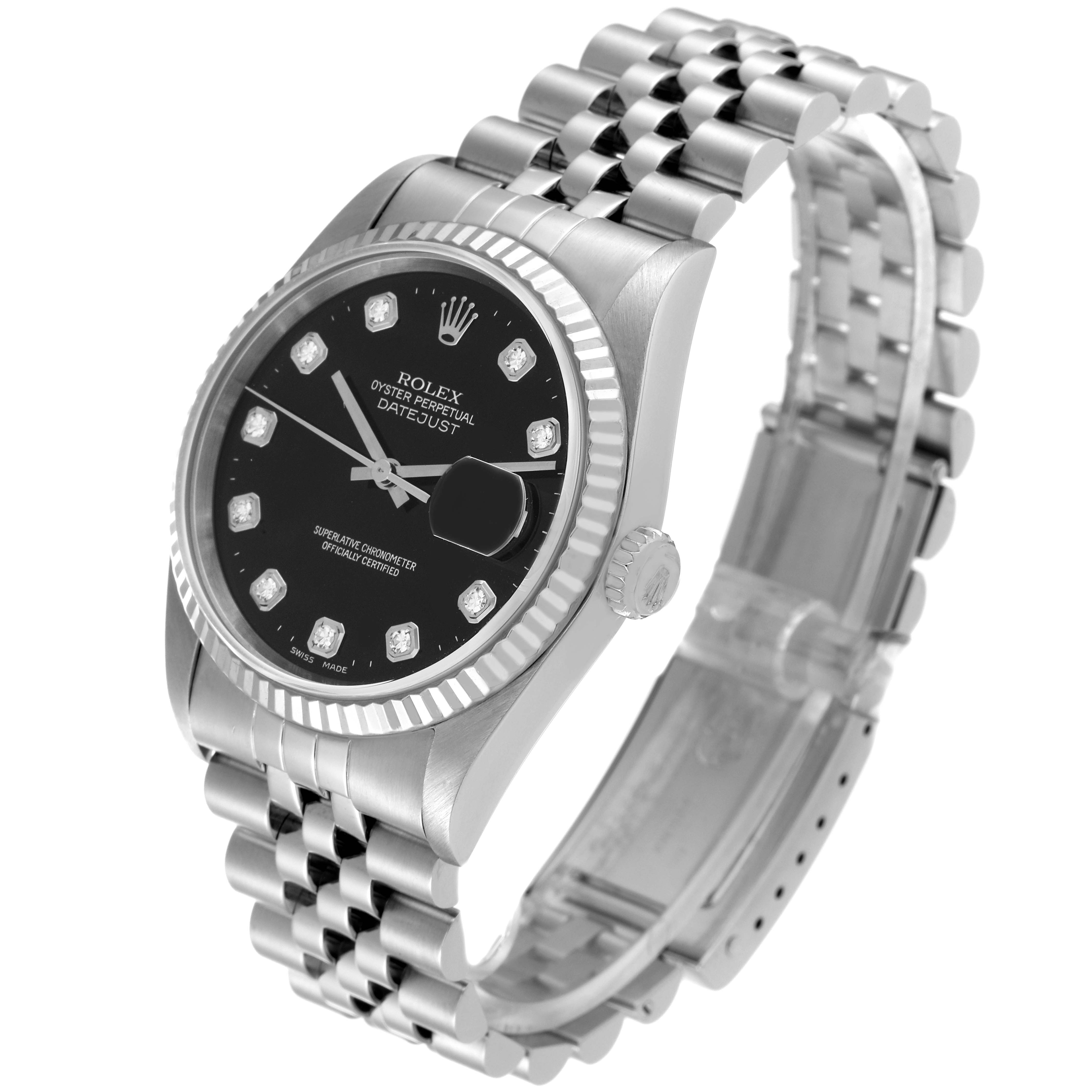 The Rolex Datejust 16234 Men's Stainless Steel Black Dial 16234 Men's Stainless Steel Black Dial watch is shown from a three-quarter angle, highlighting its face, bezel, and bracelet.