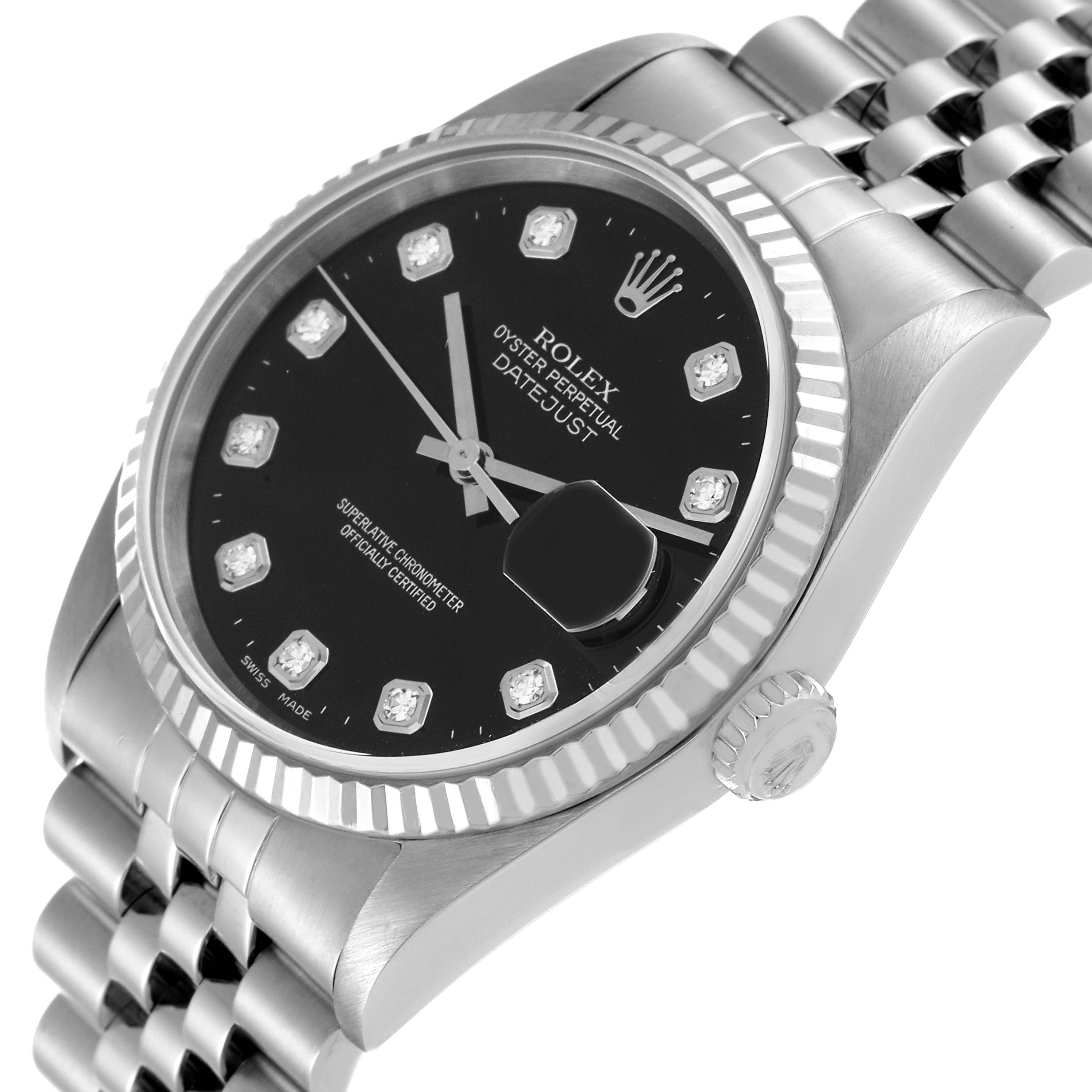 This image shows the Rolex Datejust 16234 Men's Stainless Steel Black Dial 16234 Men's Stainless Steel Black Dial watch at an angle highlighting its dial, bezel, crown, and part of the bracelet.