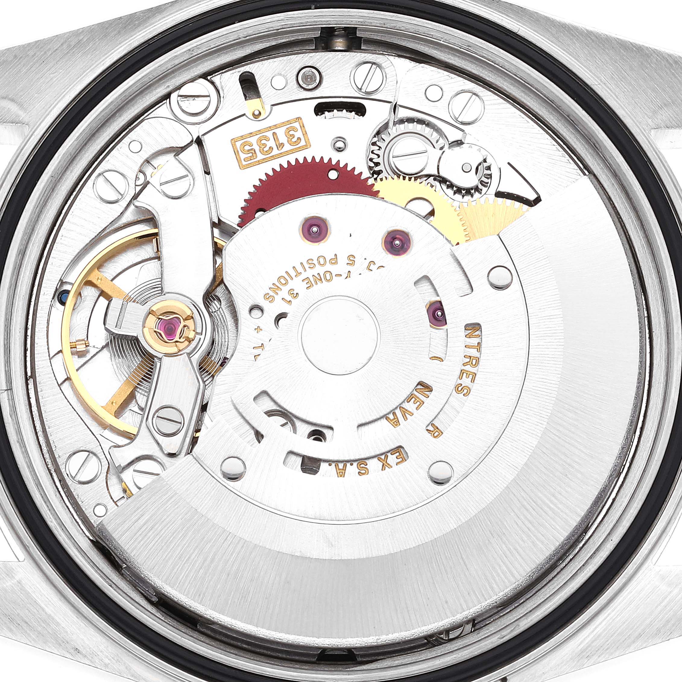 This image shows a close-up of the internal mechanism of a Rolex Datejust 16234 Men's Stainless Steel Black Dial 16234 Men's Stainless Steel Black Dial watch.
