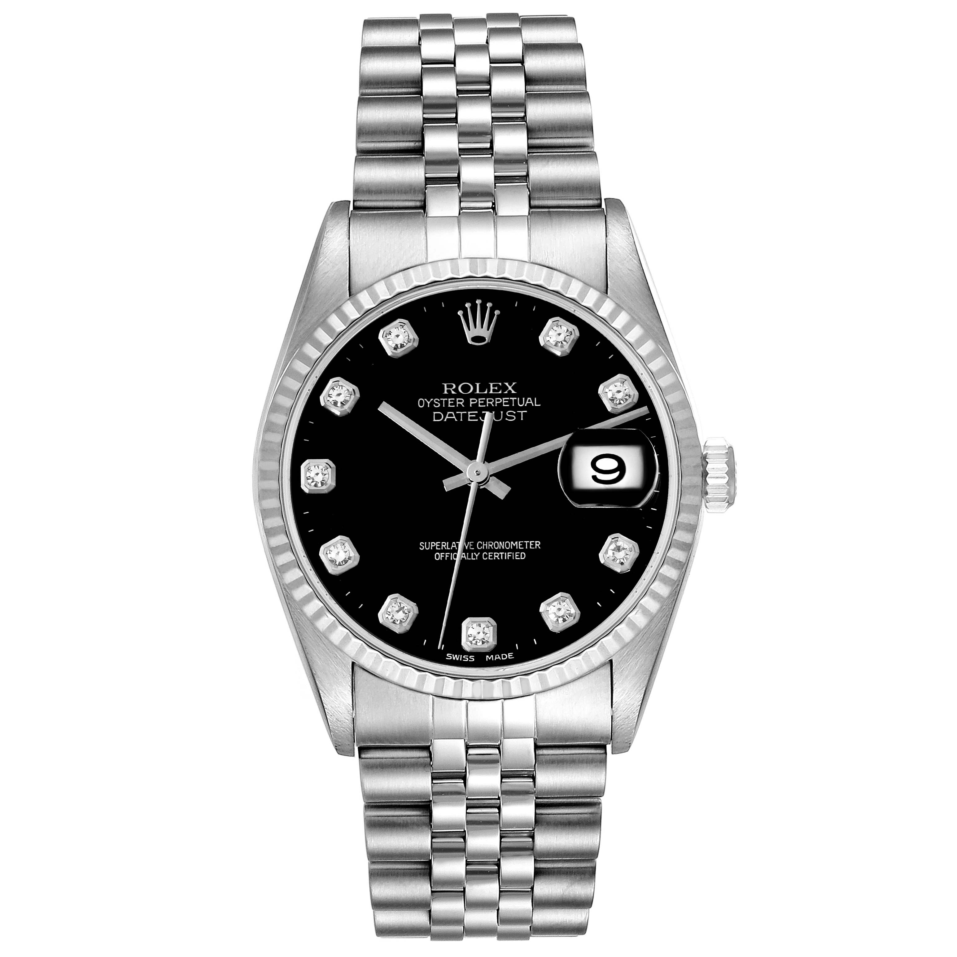 This image displays a front view of a Rolex Datejust 16234 Men's Stainless Steel Black Dial 16234 Men's Stainless Steel Black Dial watch, showcasing its dial, bracelet, and date window.