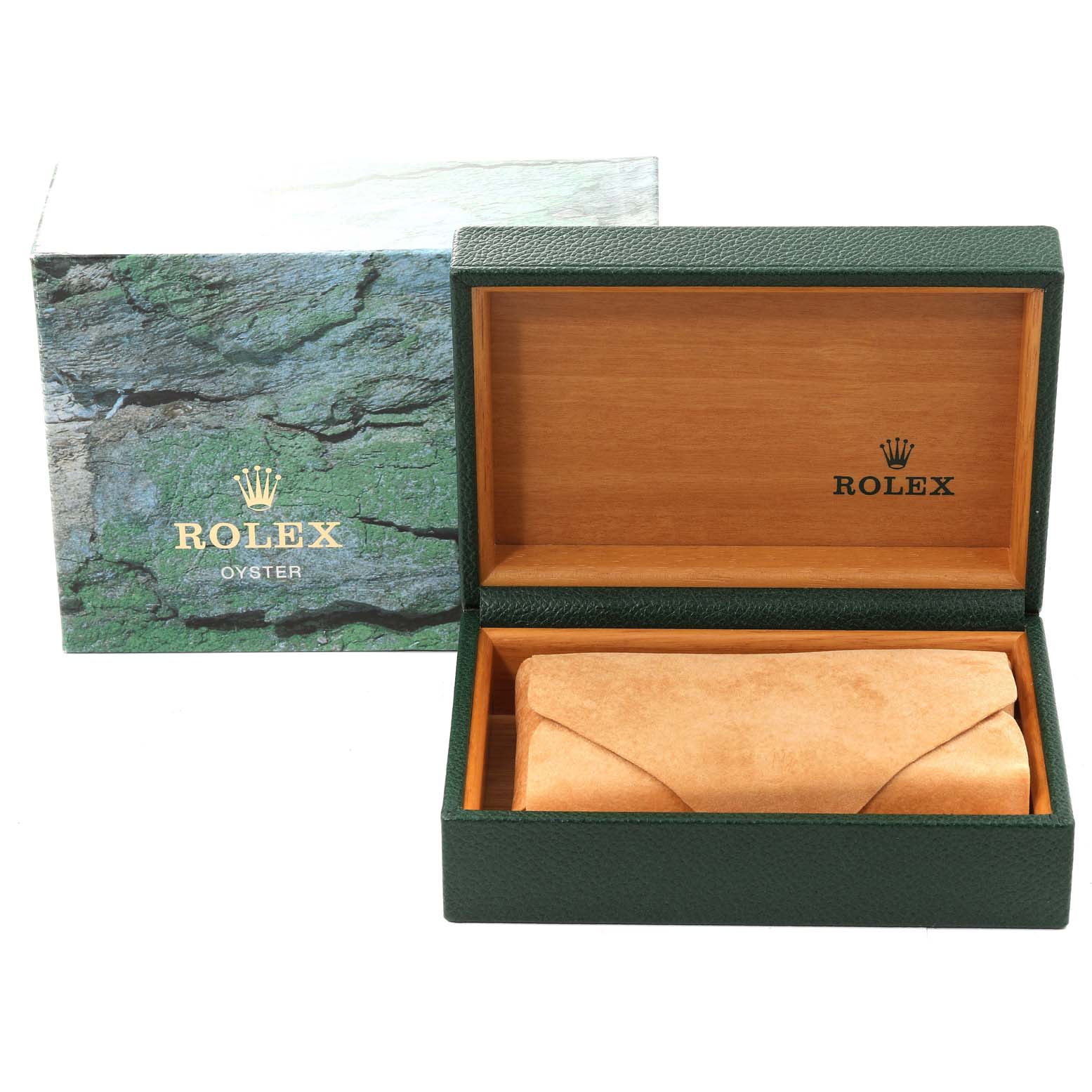 The image shows the open box set for a Rolex Datejust 16234 Men's Stainless Steel Black Dial 16234 Men's Stainless Steel Black Dial watch, featuring a green outer box and a wooden interior case.