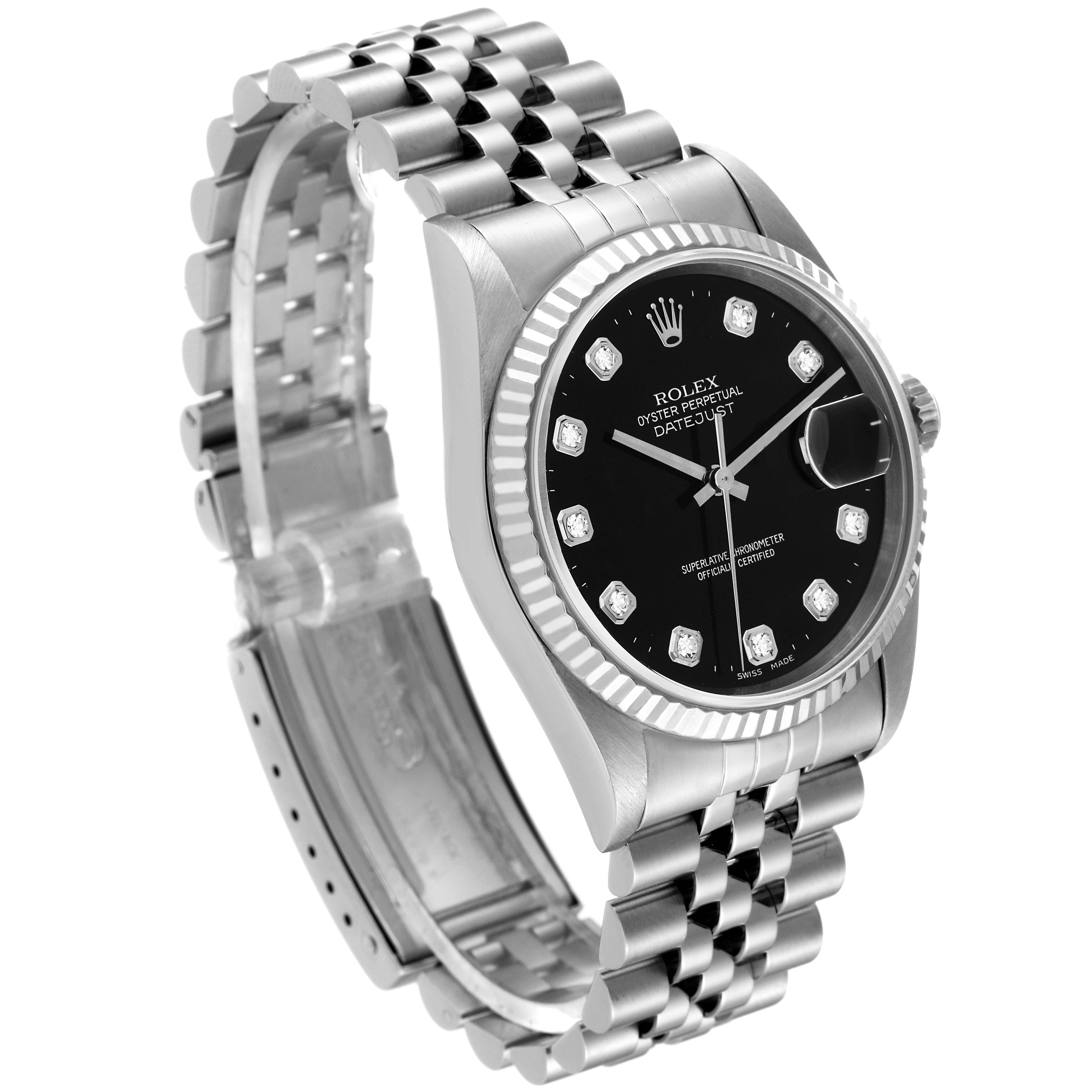 The image shows a Rolex Datejust 16234 Men's Stainless Steel Black Dial 16234 Men's Stainless Steel Black Dial watch at a slight side angle, highlighting the black dial, fluted bezel, links, and clasp.