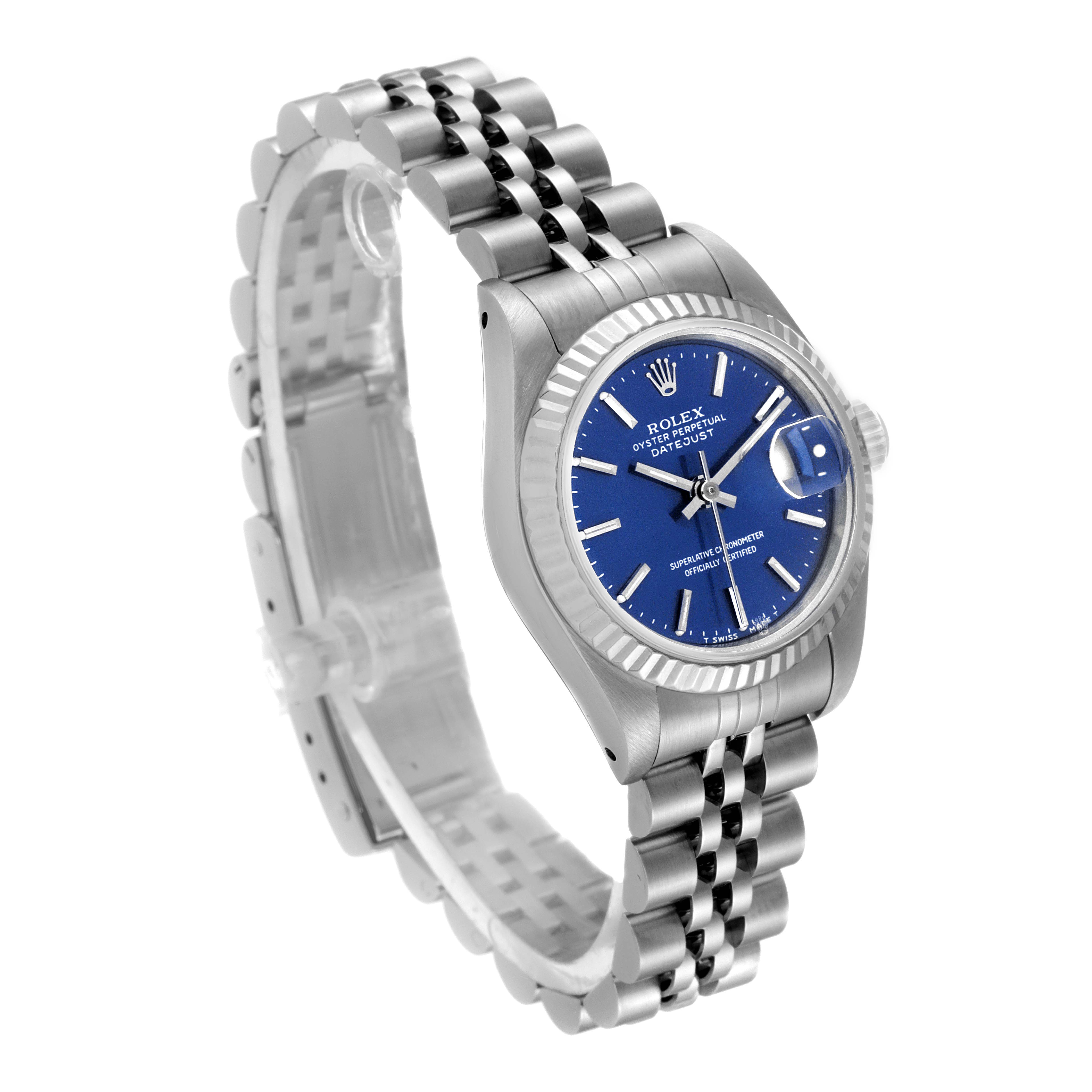 The image shows a side angle view of a Rolex Datejust 69174 Women's Stainless Steel Blue Dial 69174 Women's Stainless Steel Blue Dial, highlighting its blue dial, fluted bezel, and jubilee bracelet.