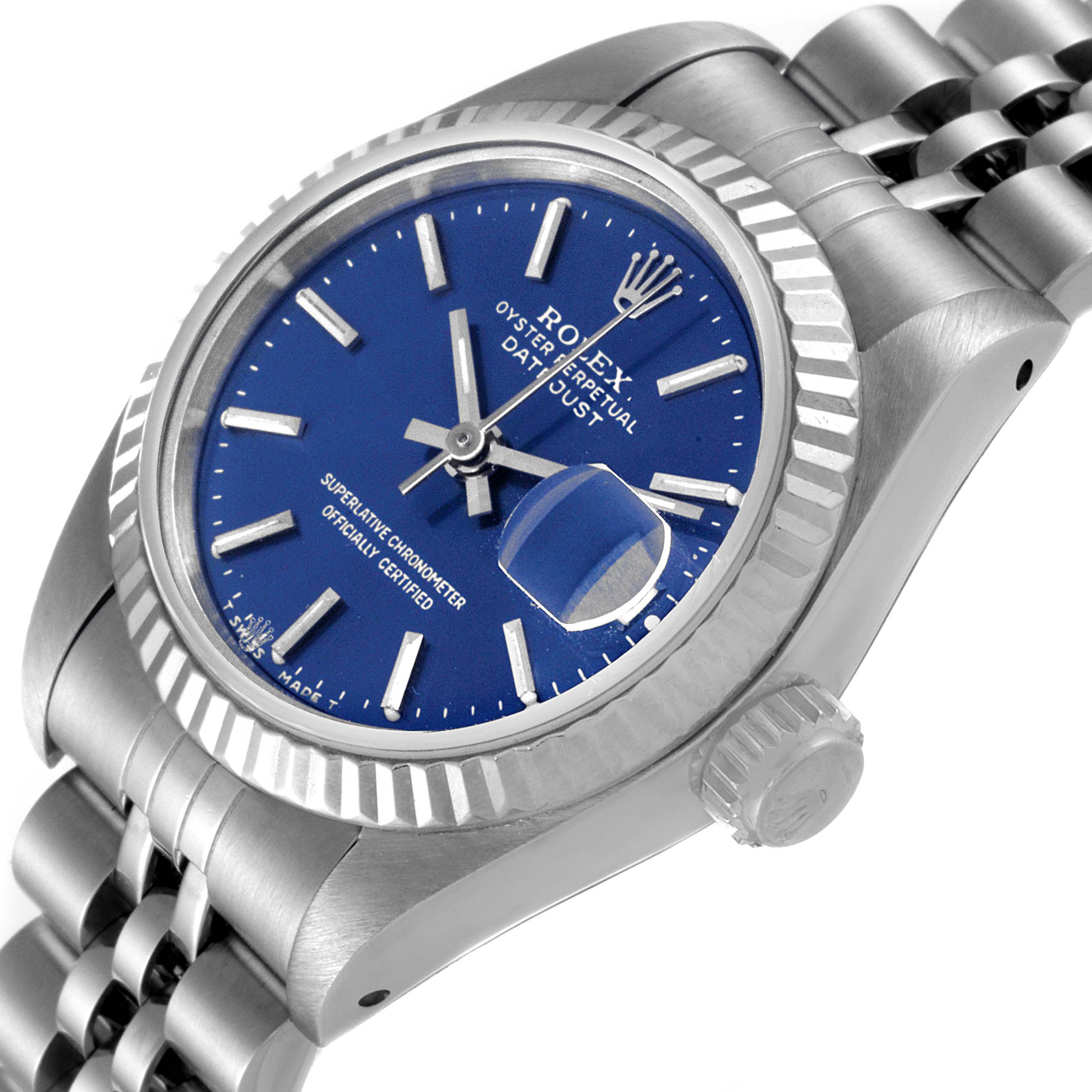 The image shows a Rolex Datejust 69174 Women's Stainless Steel Blue Dial 69174 Women's Stainless Steel Blue Dial watch angled to display the face, crown, and part of the stainless steel bracelet.