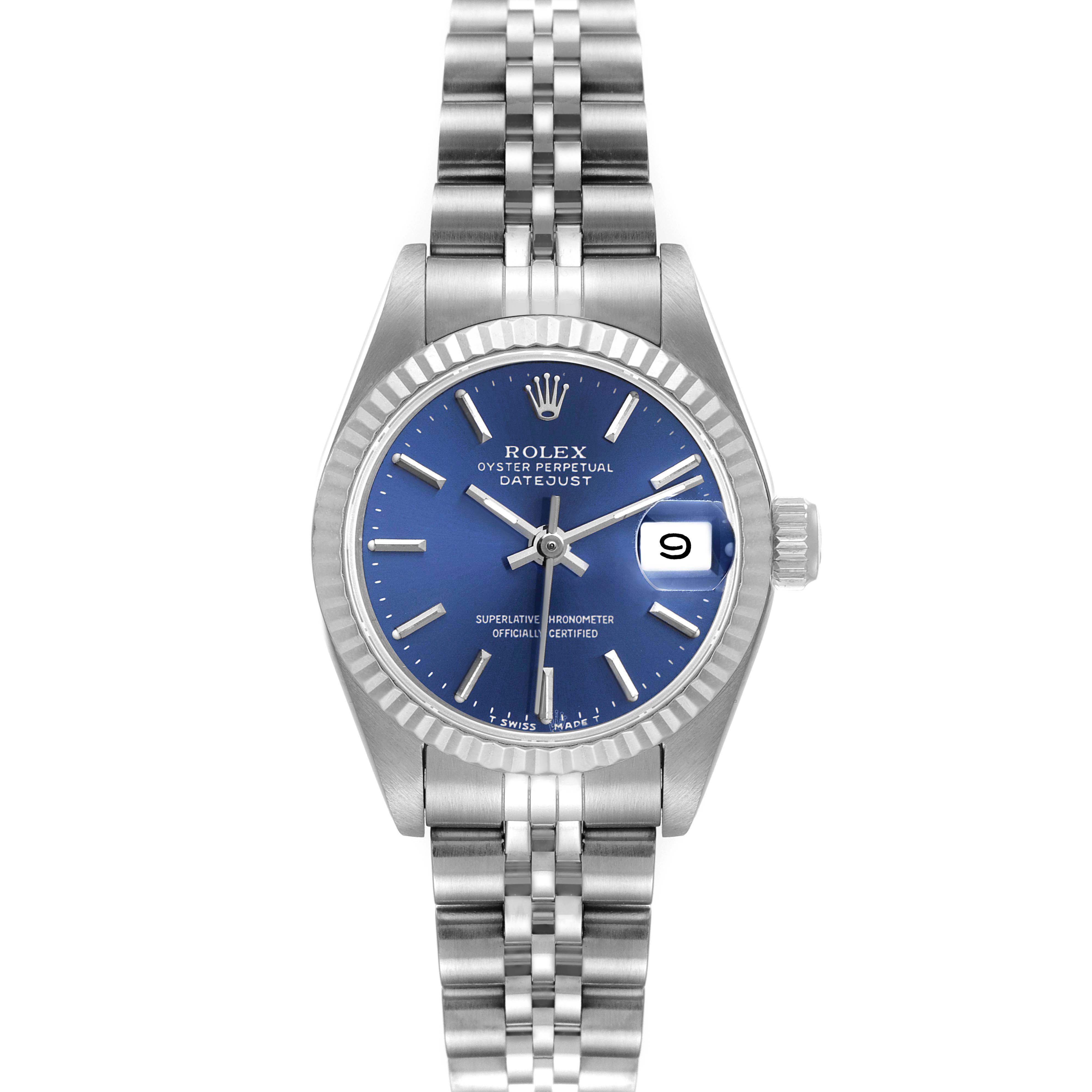 The image shows a front view of the Rolex Datejust 69174 Women's Stainless Steel Blue Dial 69174 Women's Stainless Steel Blue Dial watch, featuring a blue dial, fluted bezel, and Jubilee bracelet.