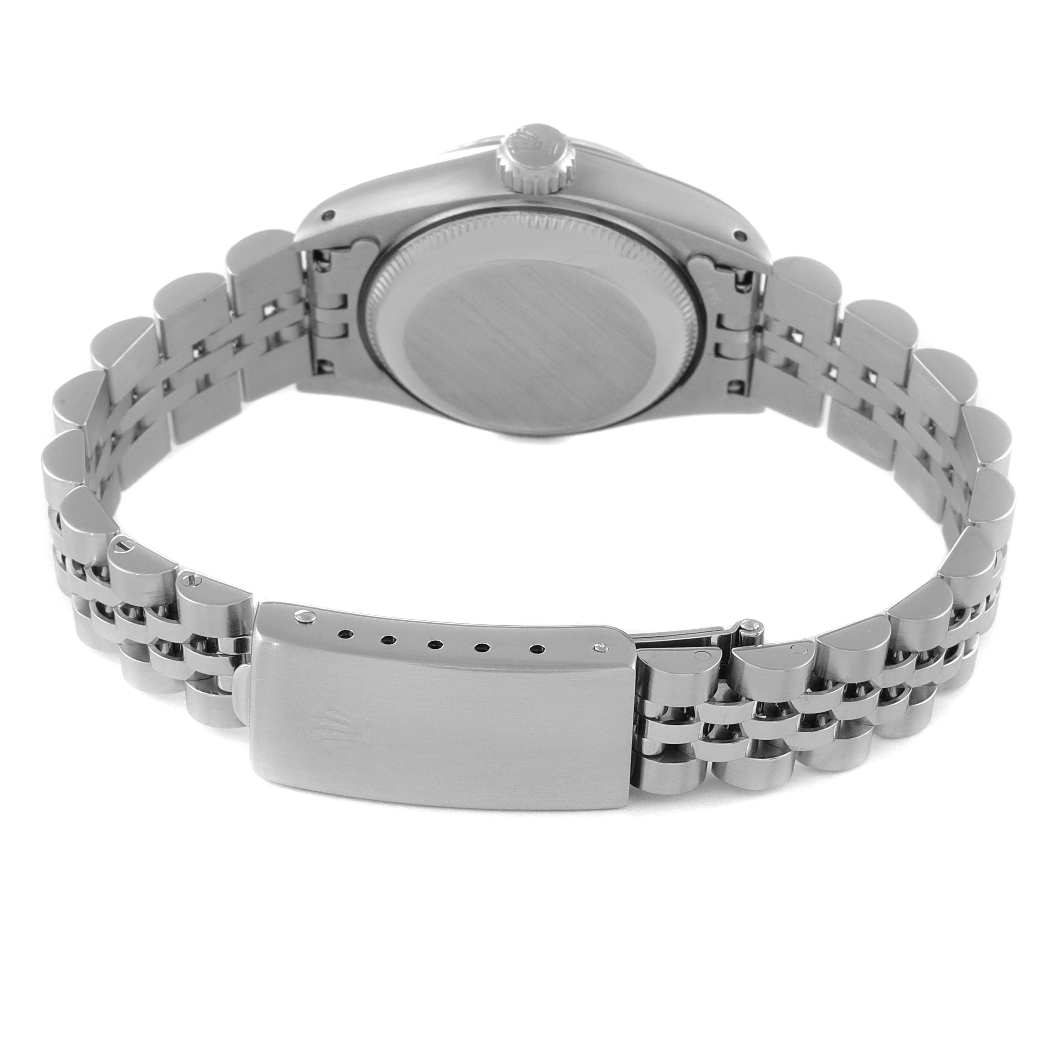 This image shows the back case and bracelet clasp of a Rolex Datejust 69174 Women's Stainless Steel Blue Dial 69174 Women's Stainless Steel Blue Dial watch from a rear angle.